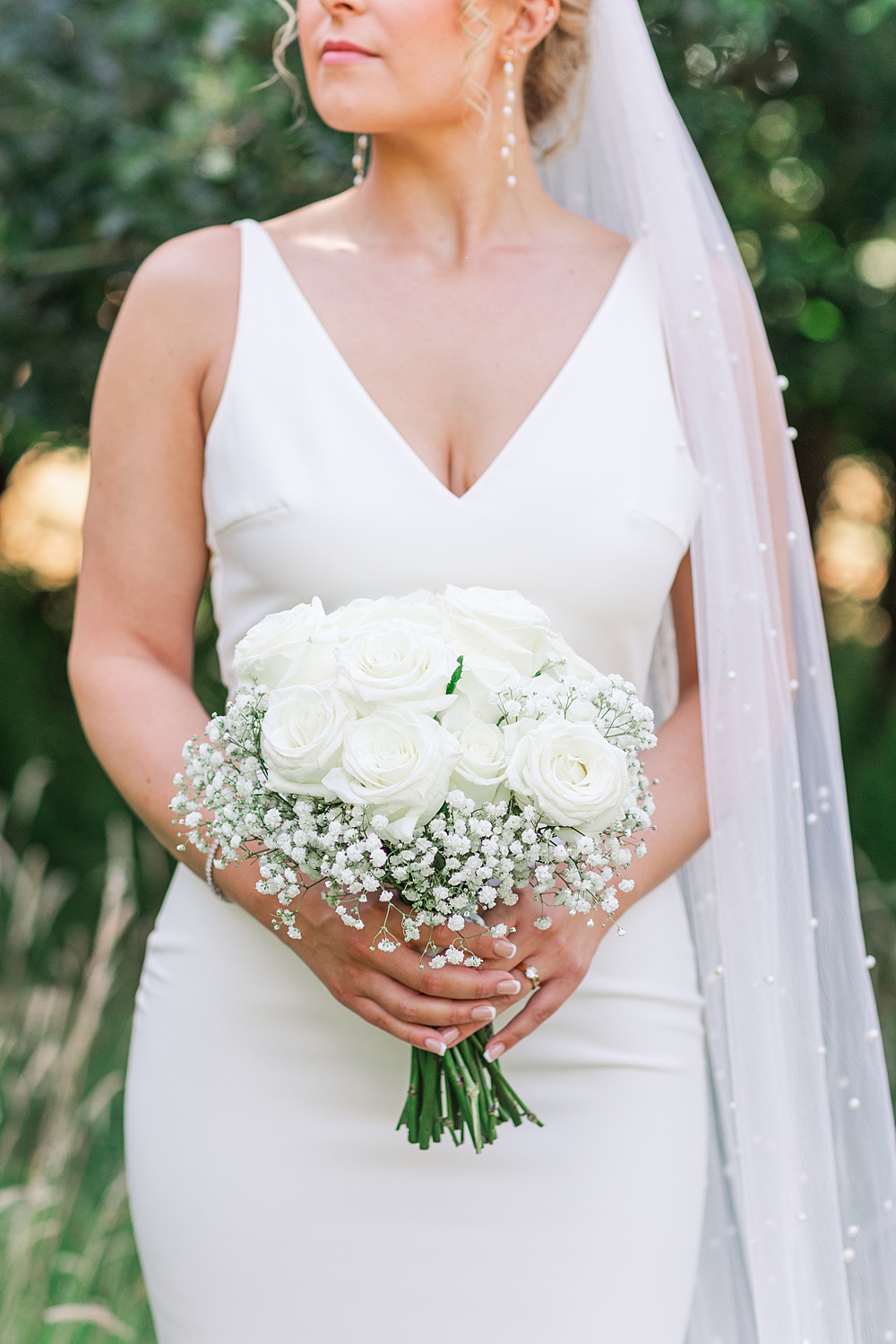 St Audries Park Wedding James and Kerrie Photography Bride Gown V Neck Peal Veil White Rose Gypsophila Bouquet