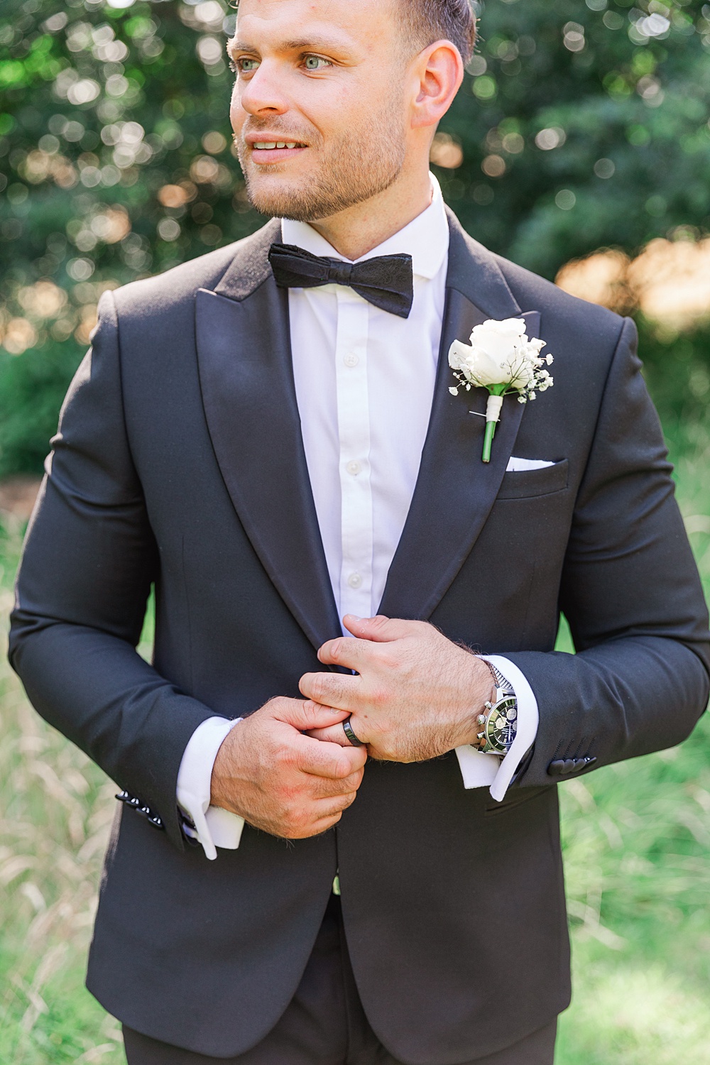 St Audries Park Wedding James and Kerrie Photography Groom Black Suit Bow Tie Tuxedo