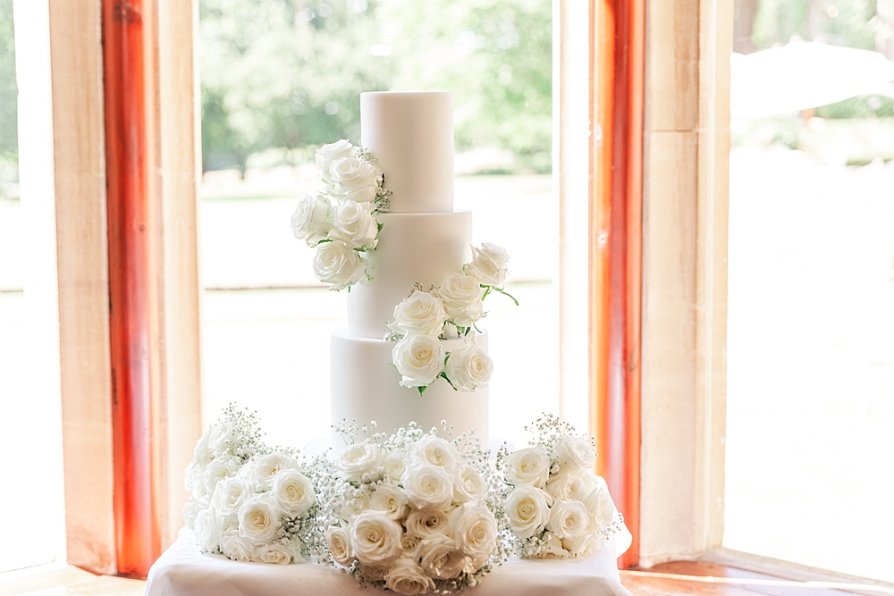 St Audries Park Wedding James and Kerrie Photography 3 Tier White Cake Gpyposphila Roses