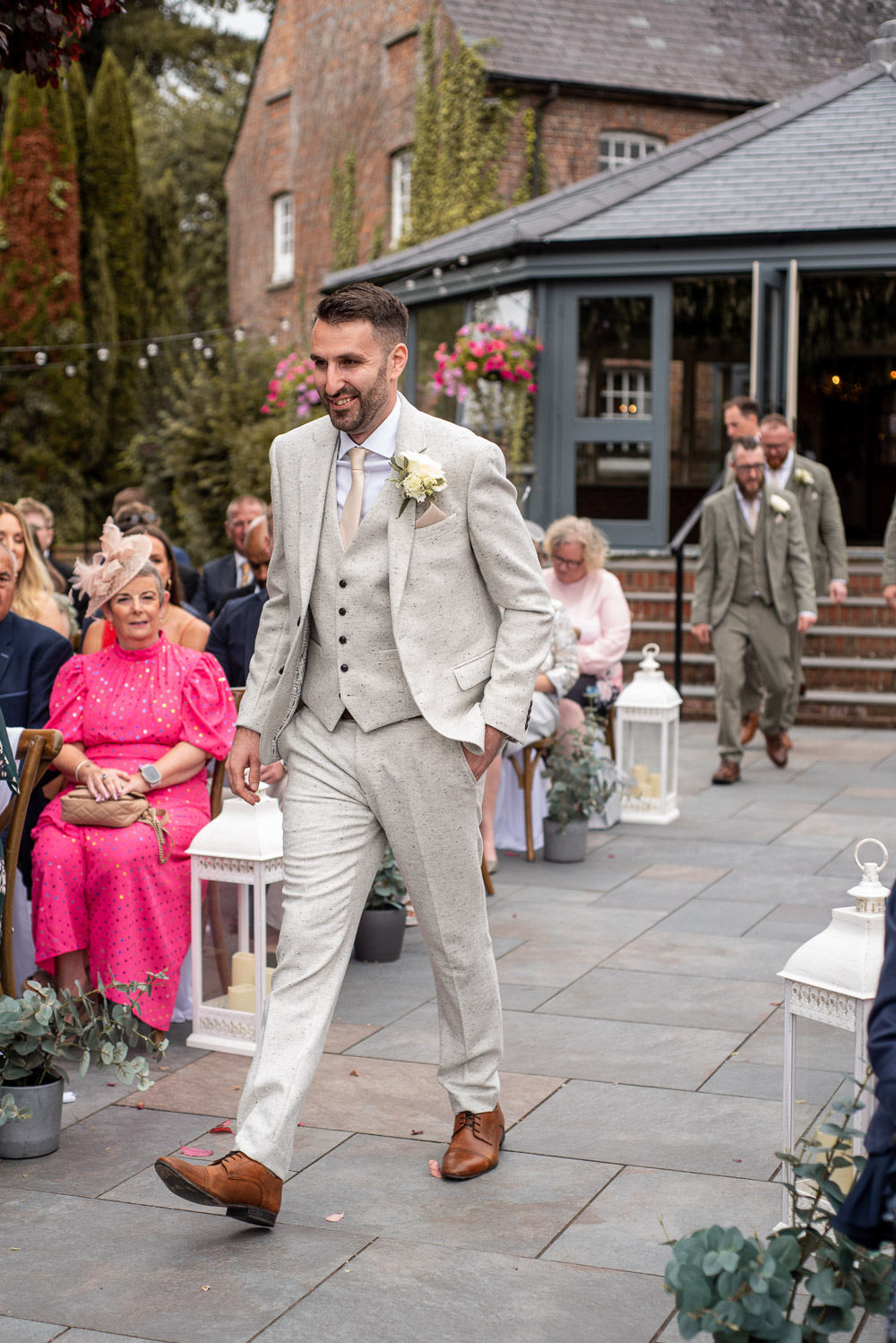 The Old Mill Aldermaston Wedding Nicola Belson Photography Groom Cream Suit Pink Tie