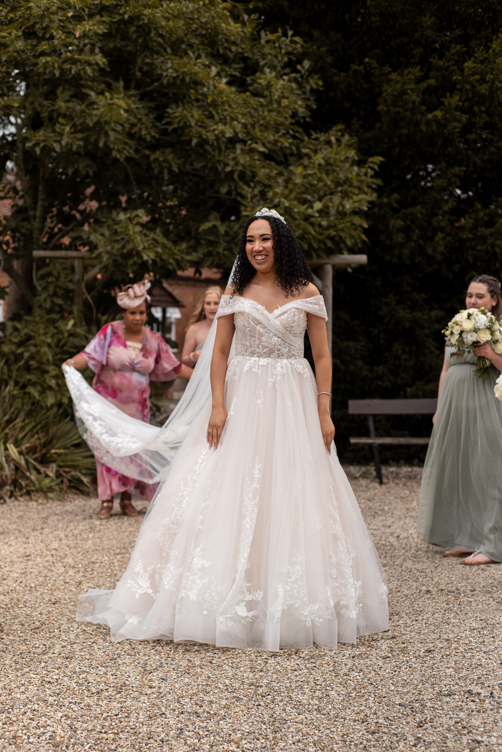 The Old Mill Aldermaston Wedding Nicola Belson Photography Bride Off Shoulder Lace Tulle Gown Train Veil