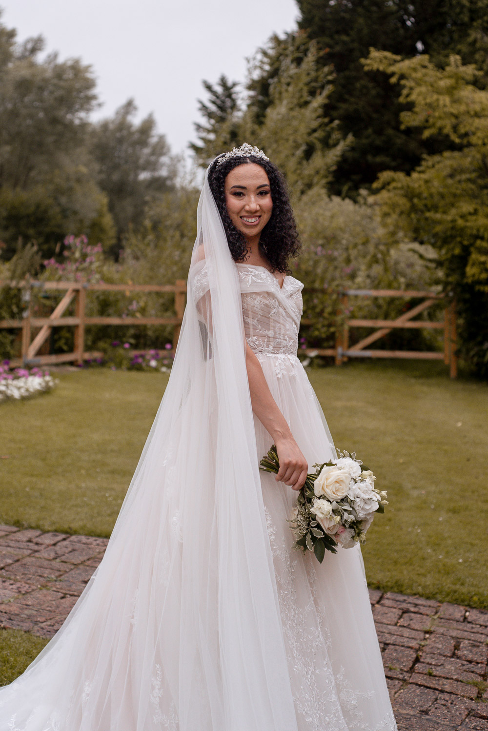 The Old Mill Aldermaston Wedding Nicola Belson Photography Bride Off Shoulder Lace Tulle Gown Train Veil
