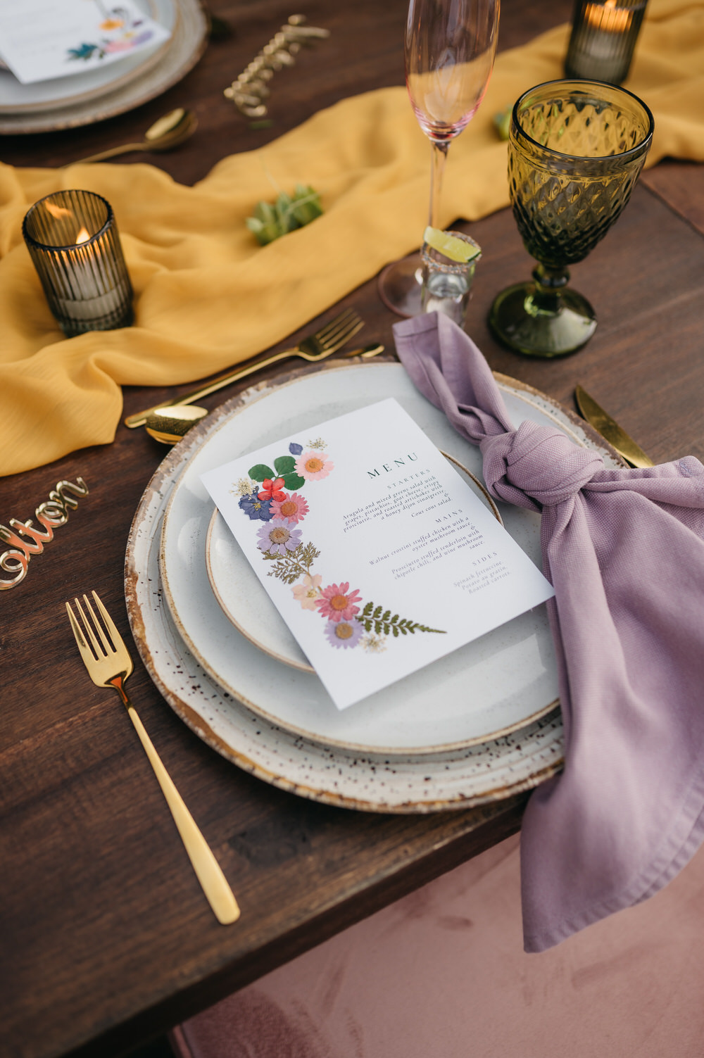 Antigua Guatemala Destination Wedding Daniel Lopez Perez Wedding Photography Place Setting Flower Menu Lilac Napkin Flowers Decor