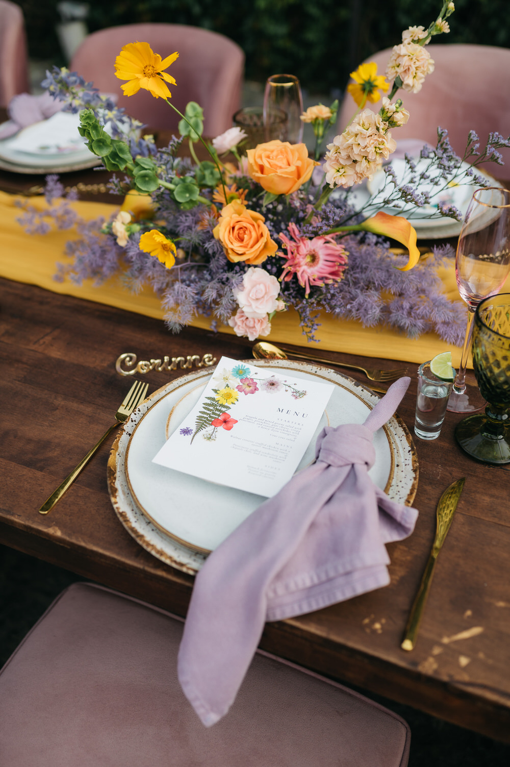 Antigua Guatemala Destination Wedding Daniel Lopez Perez Wedding Photography Place Setting Flower Menu Lilac Napkin Flowers Decor