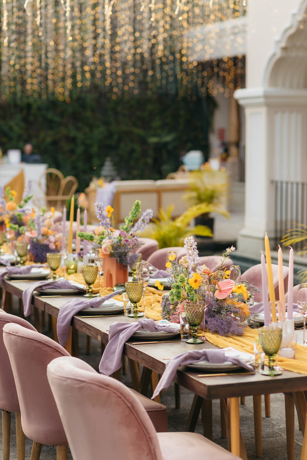 Antigua Guatemala Destination Wedding Daniel Lopez Perez Wedding Photography Centrepiece Flowers Yellow Lilac decor Candles Table