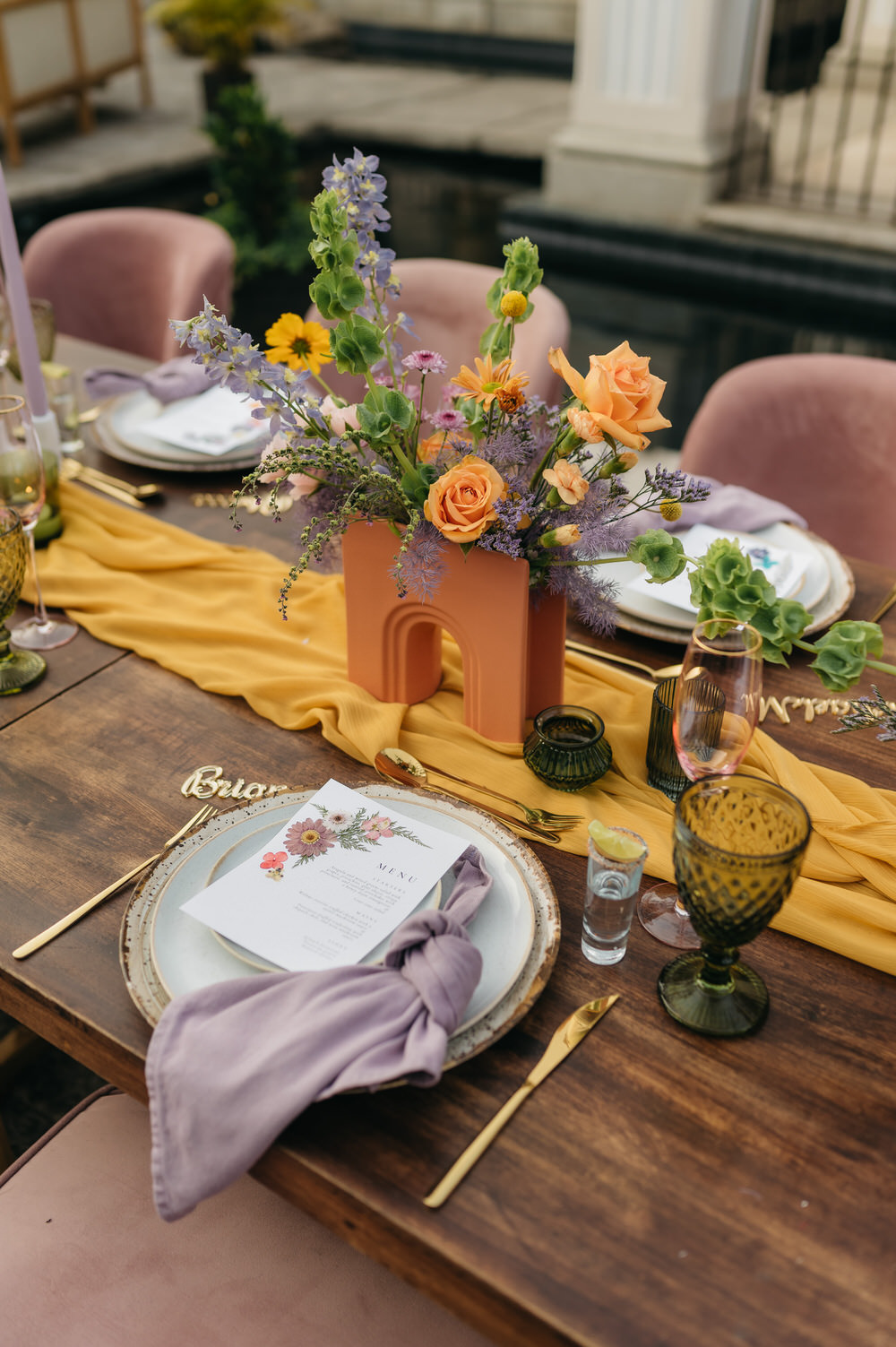 Antigua Guatemala Destination Wedding Daniel Lopez Perez Wedding Photography Place Setting Flower Menu Lilac Napkin Flowers Decor Centrepiece Flowers Yellow Lilac decor Candles Table