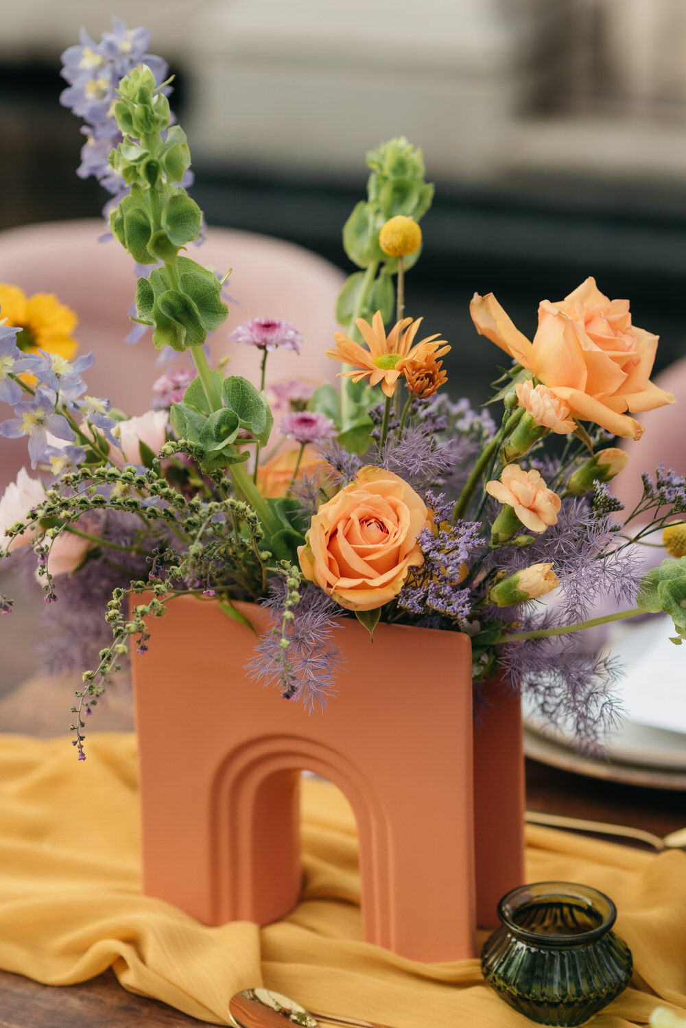 Antigua Guatemala Destination Wedding Daniel Lopez Perez Wedding Photography Centrepiece Flowers Yellow Lilac decor Candles Table