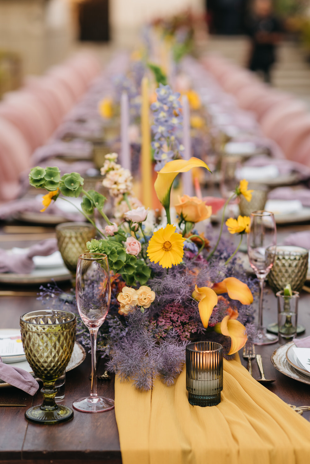 Antigua Guatemala Destination Wedding Daniel Lopez Perez Wedding Photography Centrepiece Flowers Yellow Lilac decor Candles Table