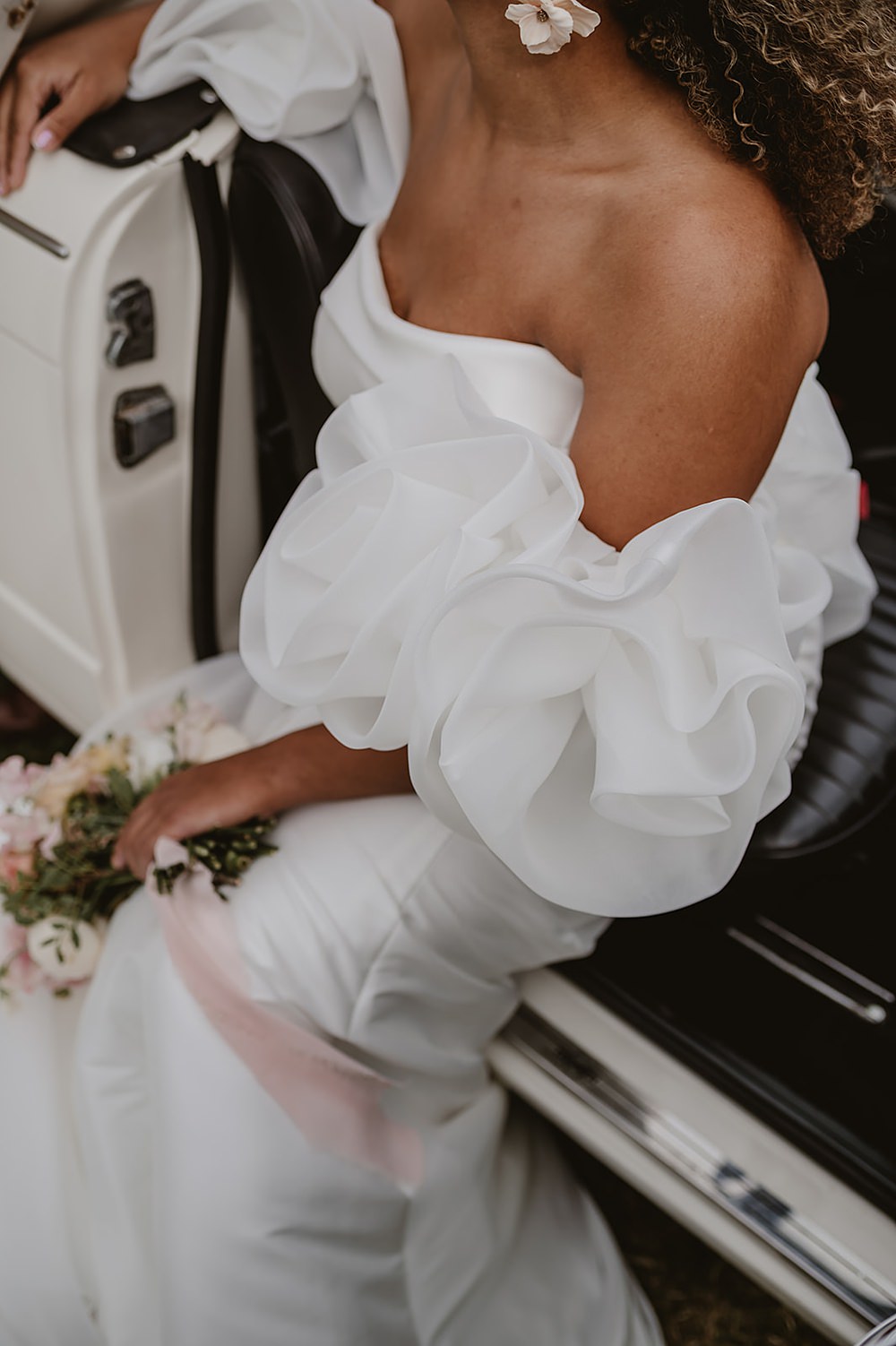 Mill Farm Wedding Ideas Happy Moments Co Bride Dress Rosa Clará Off Shoulder Ruffle Sleeves Train