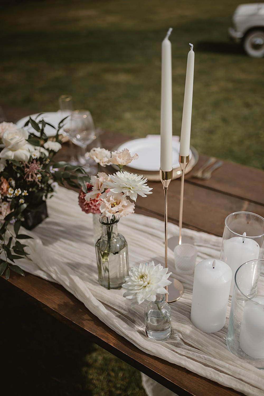 Mill Farm Wedding Ideas Happy Moments Co Table Outdoor Flowers Candles Tall Candles Cream Runner