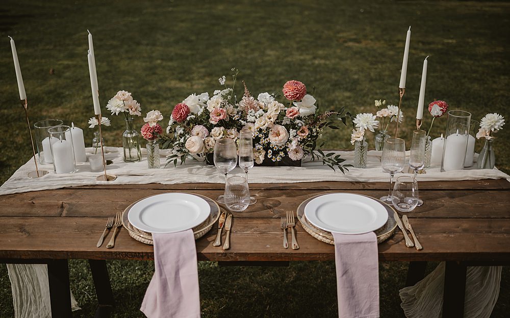 Mill Farm Wedding Ideas Happy Moments Co Table Outdoor Flowers Candles Tall Candles Cream Runner