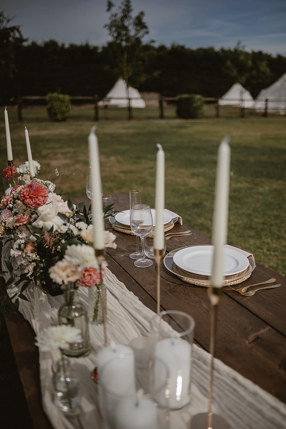 Mill Farm Wedding Ideas Happy Moments Co Table Outdoor Flowers Candles Tall Candles Cream Runner