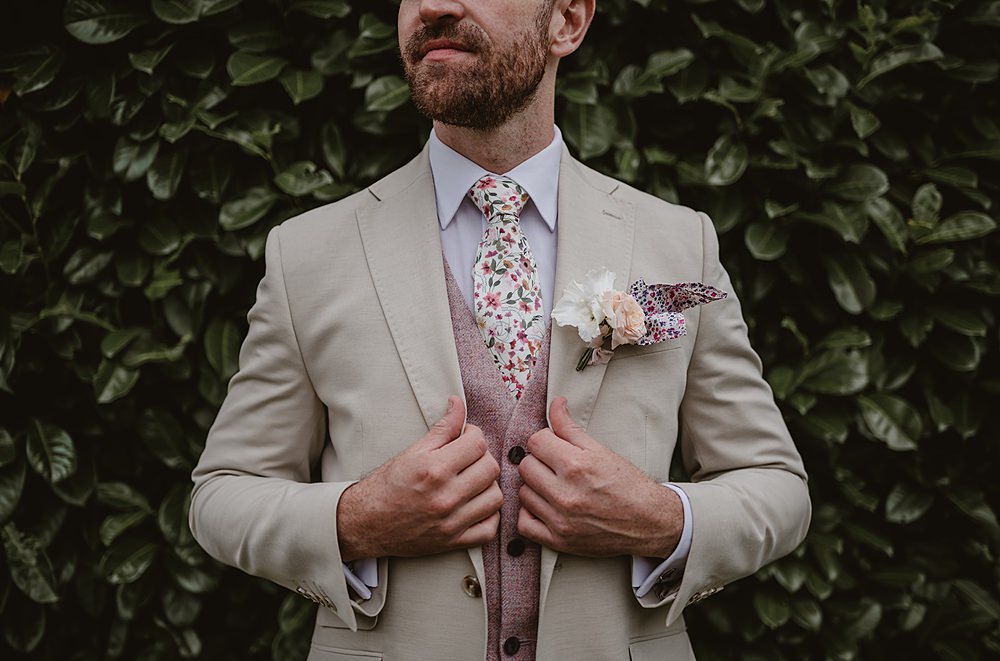 Mill Farm Wedding Ideas Happy Moments Co Groom Cream Suit Pink Waistcoat Floral Tie