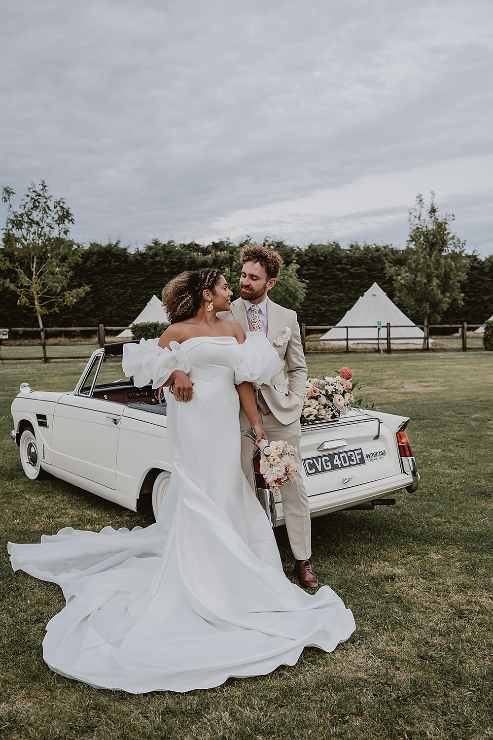 Mill Farm Wedding Ideas Happy Moments Co Bride Dress Rosa Clará Off Shoulder Ruffle Sleeves Train