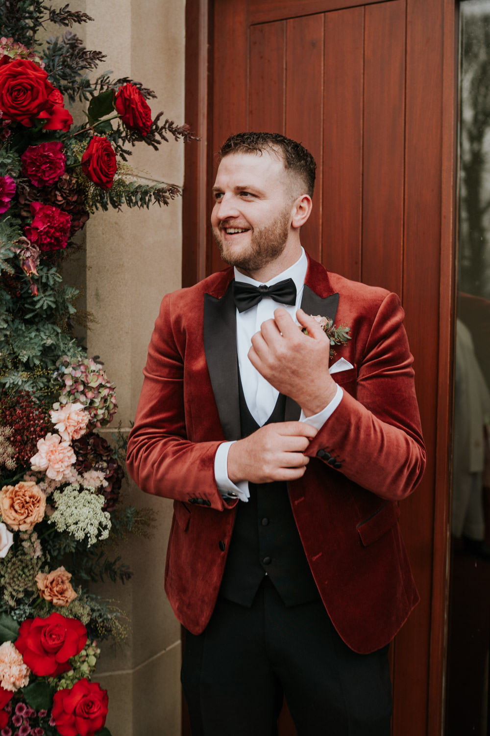 Tullyglass Hotel Wedding Sheena T Photography Red Velvet Suit Jacket Groom Bow Tie