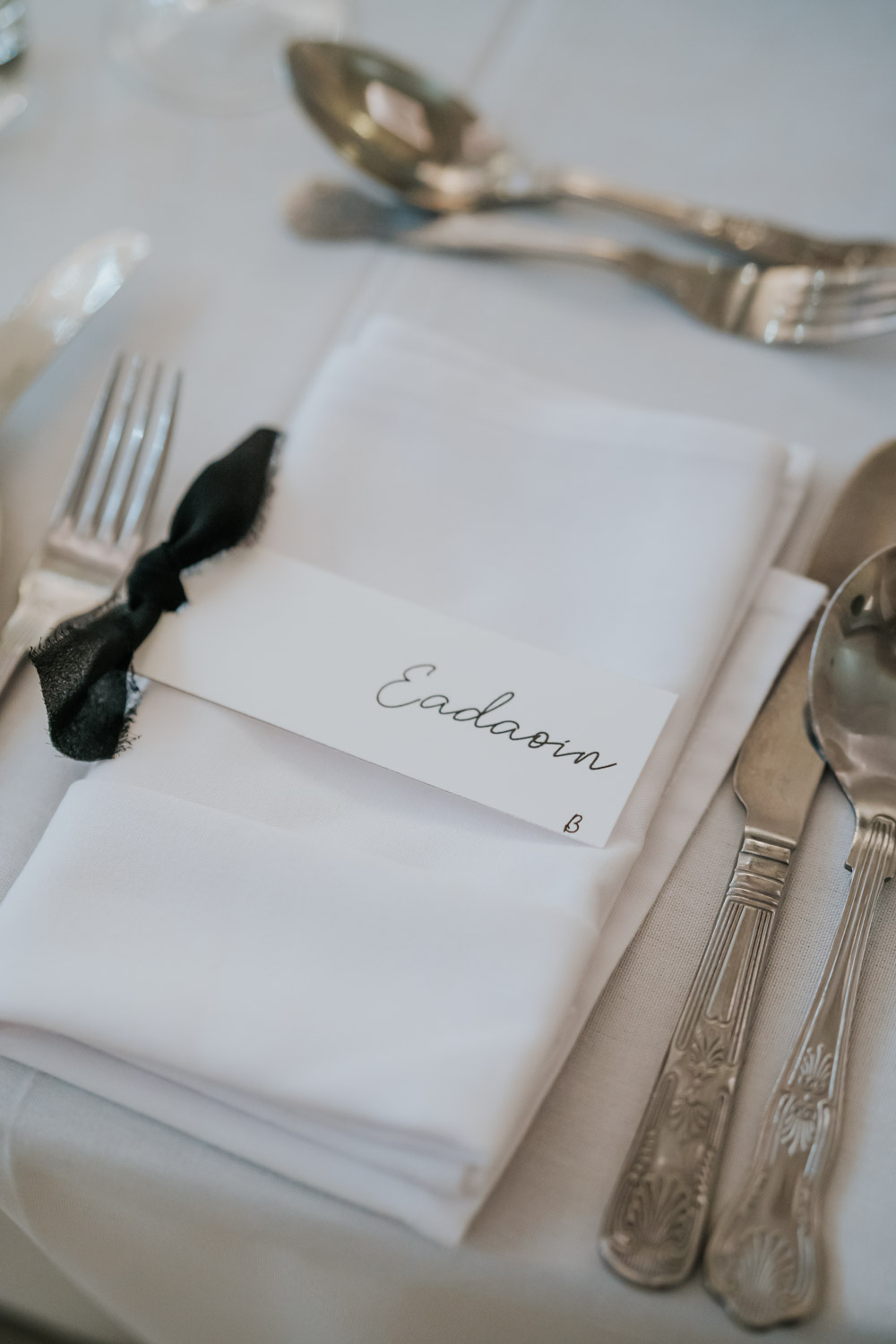 Tullyglass Hotel Wedding Sheena T Photography Place Setting Card Black Ribbon