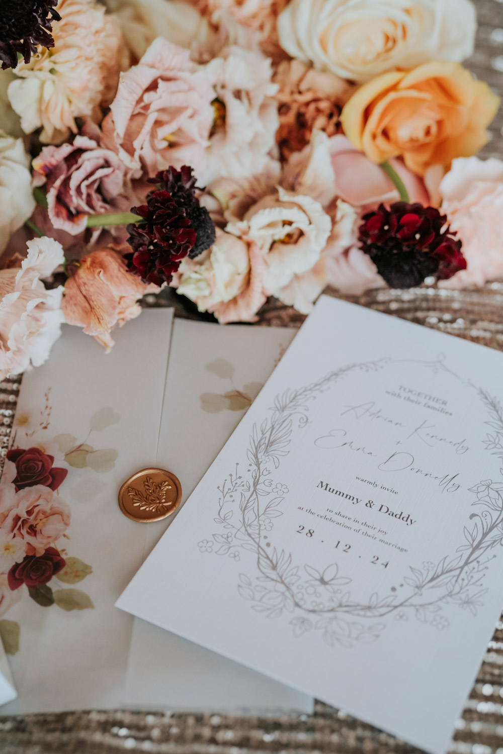 Tullyglass Hotel Wedding Sheena T Photography Invite Flowers Wax Seal