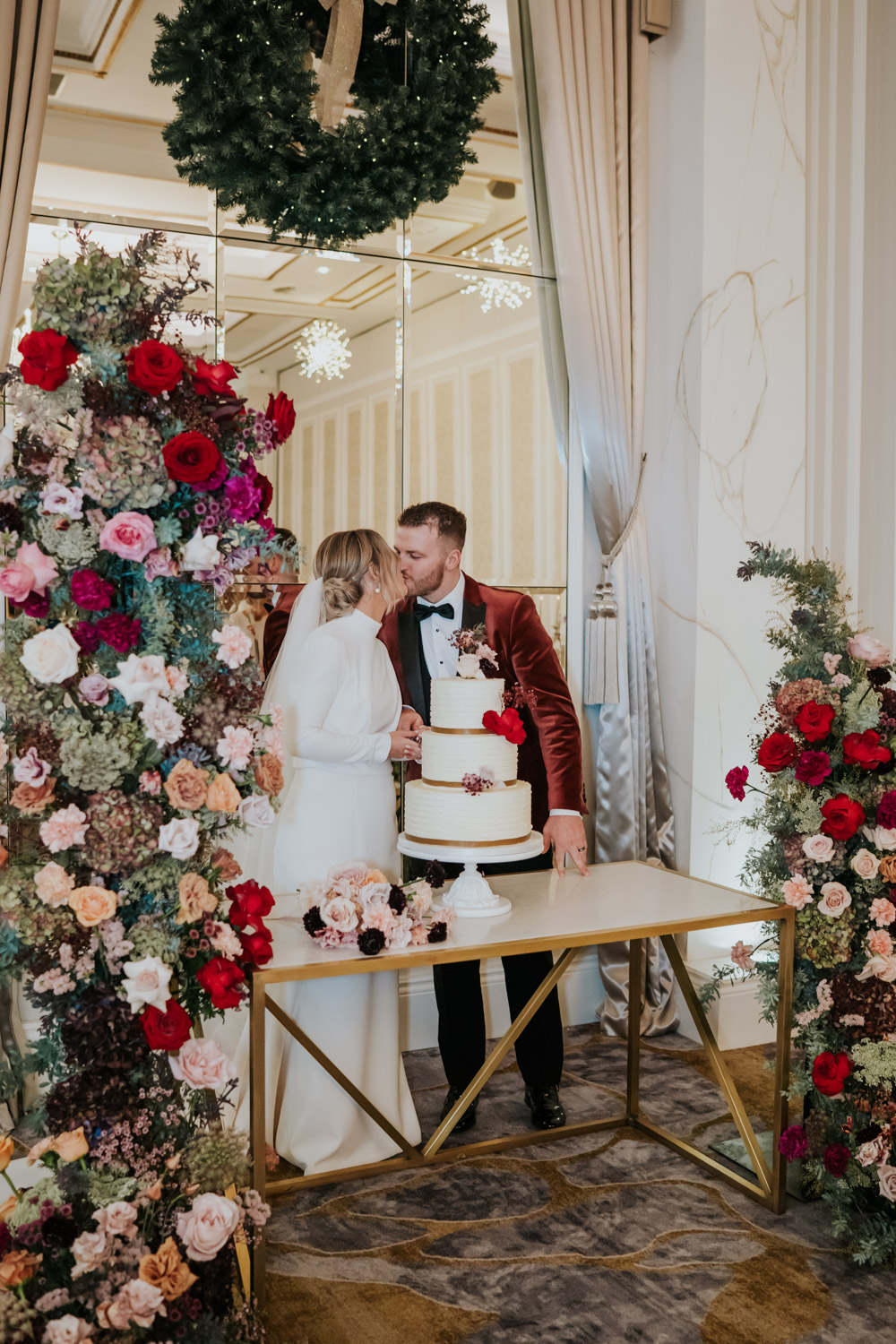 Flowers Cake Table Pillars Red Pink Orange Backdrop Tullyglass Hotel Wedding Sheena T Photography