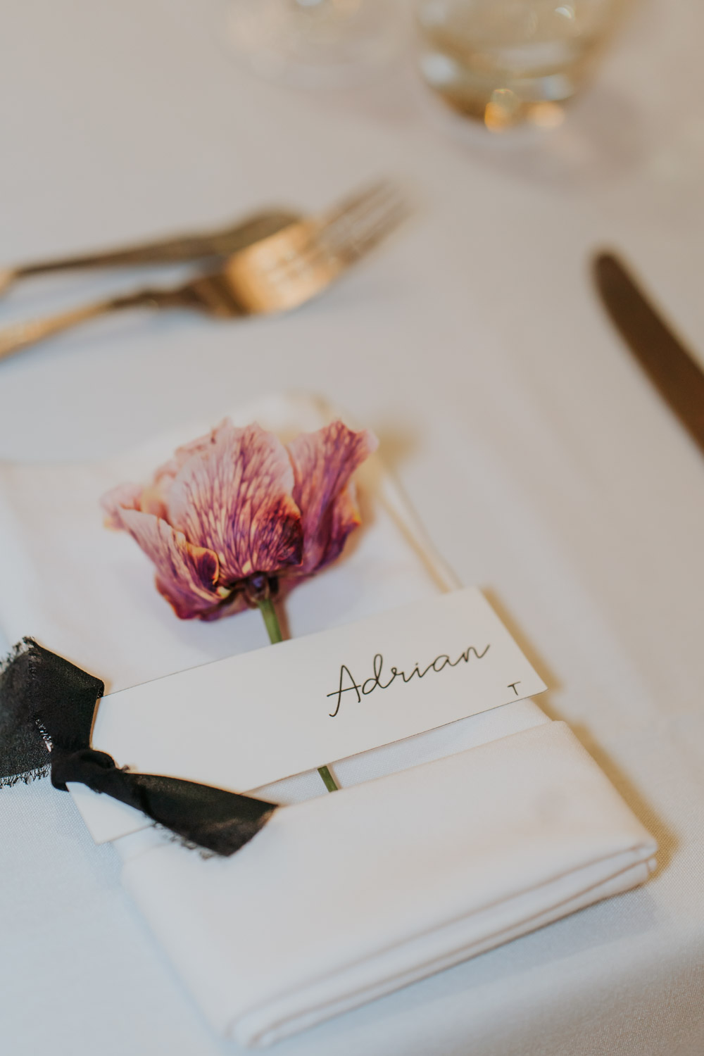 Tullyglass Hotel Wedding Sheena T Photography Place Setting Card Black Ribbon Flower