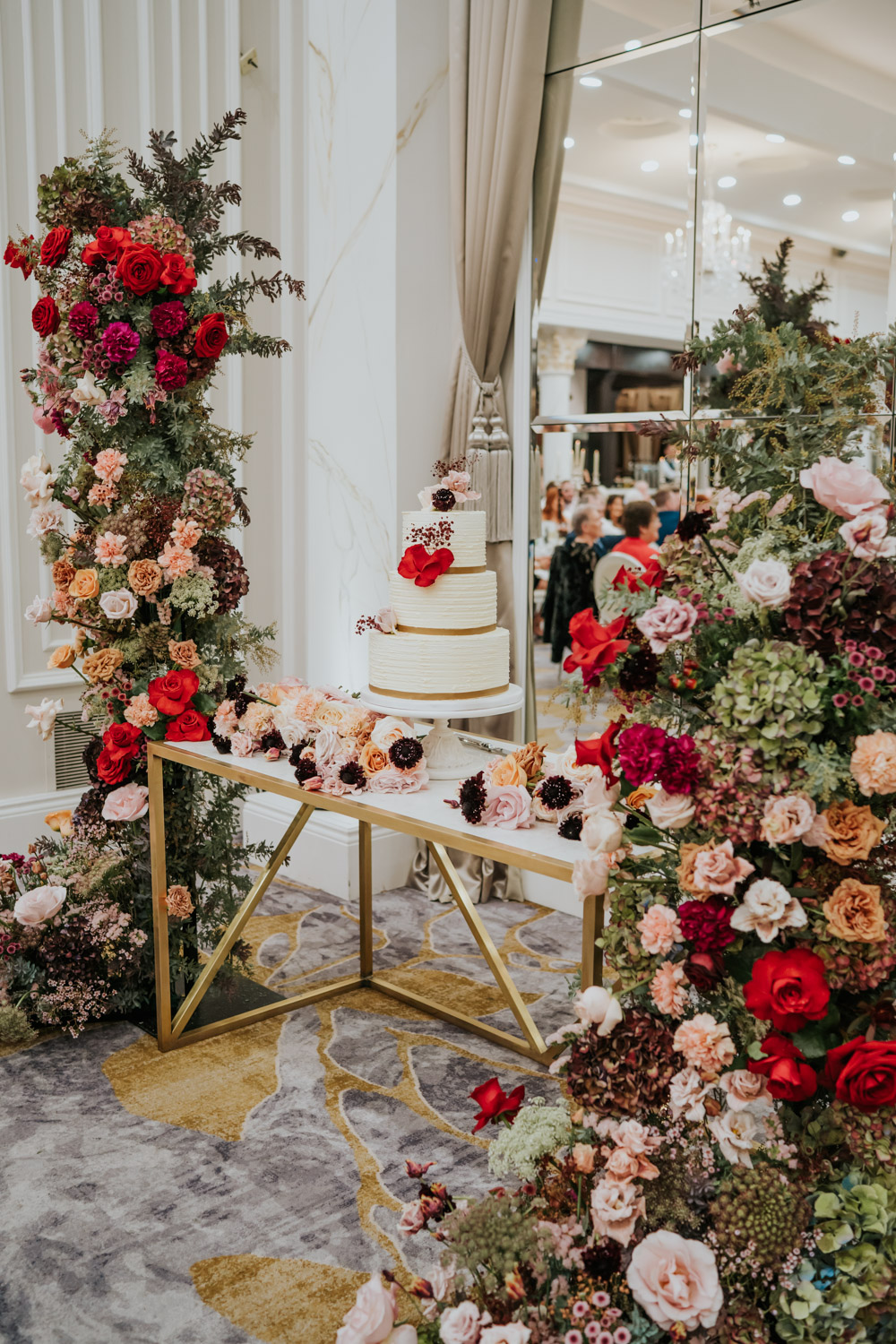 Flowers Cake Table Pillars Red Pink Orange Backdrop Tullyglass Hotel Wedding Sheena T Photography