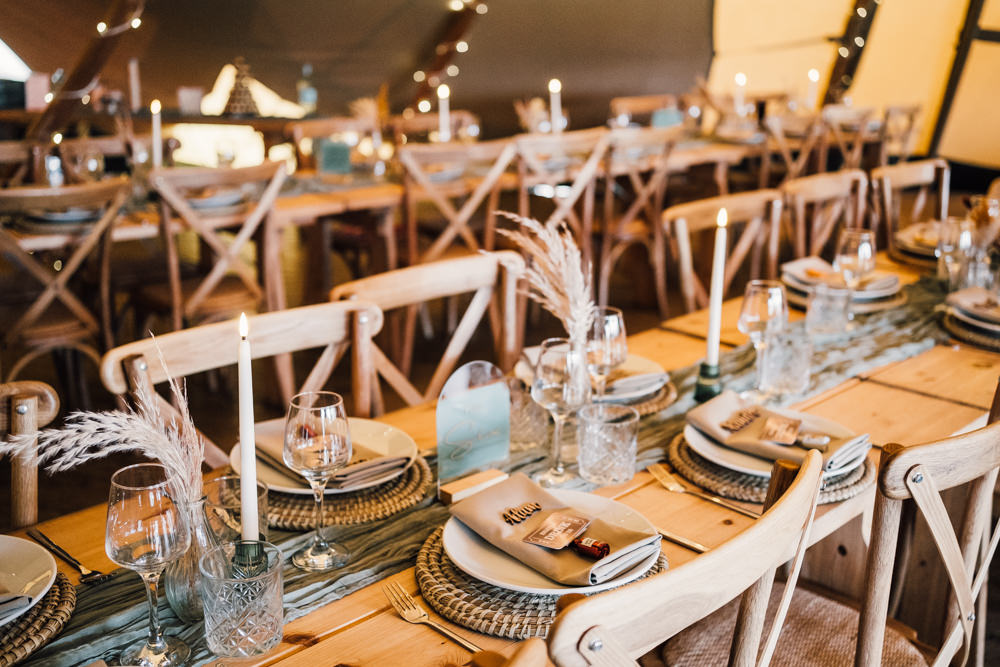 Nottinghamshire Farm Wedding David Lindsley Photography ooden Long Rustic Table Runner Dried Flowers Candles