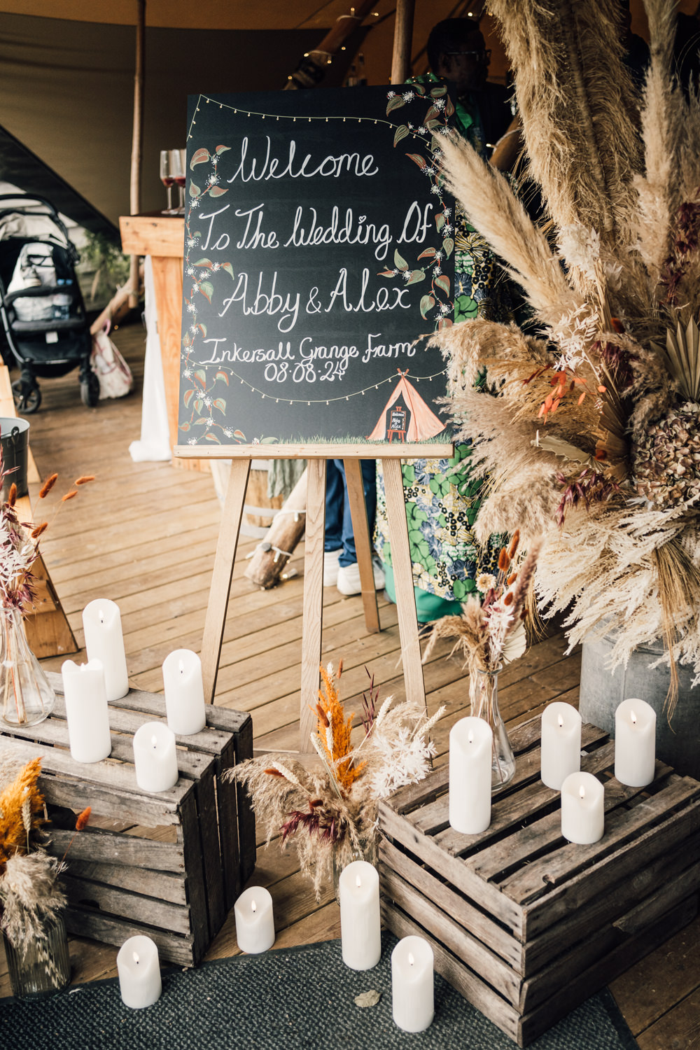 Nottinghamshire Farm Wedding David Lindsley Photography Chalk Board Sign Easel Dried Flowers Candles