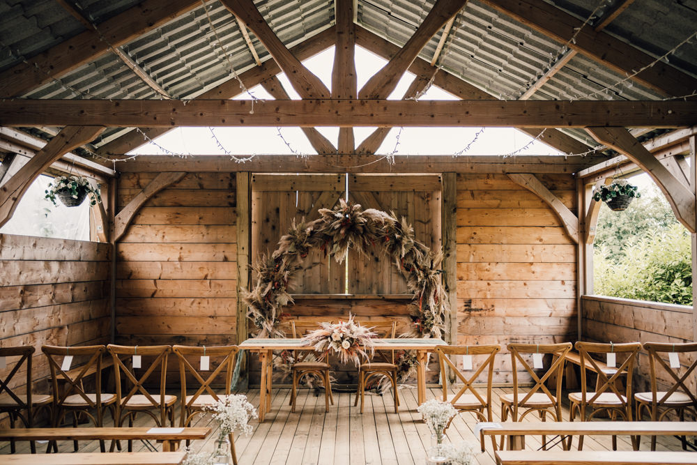 Nottinghamshire Farm Wedding David Lindsley Photography Barn Ceremony Dried Flower Arch Table Aisle