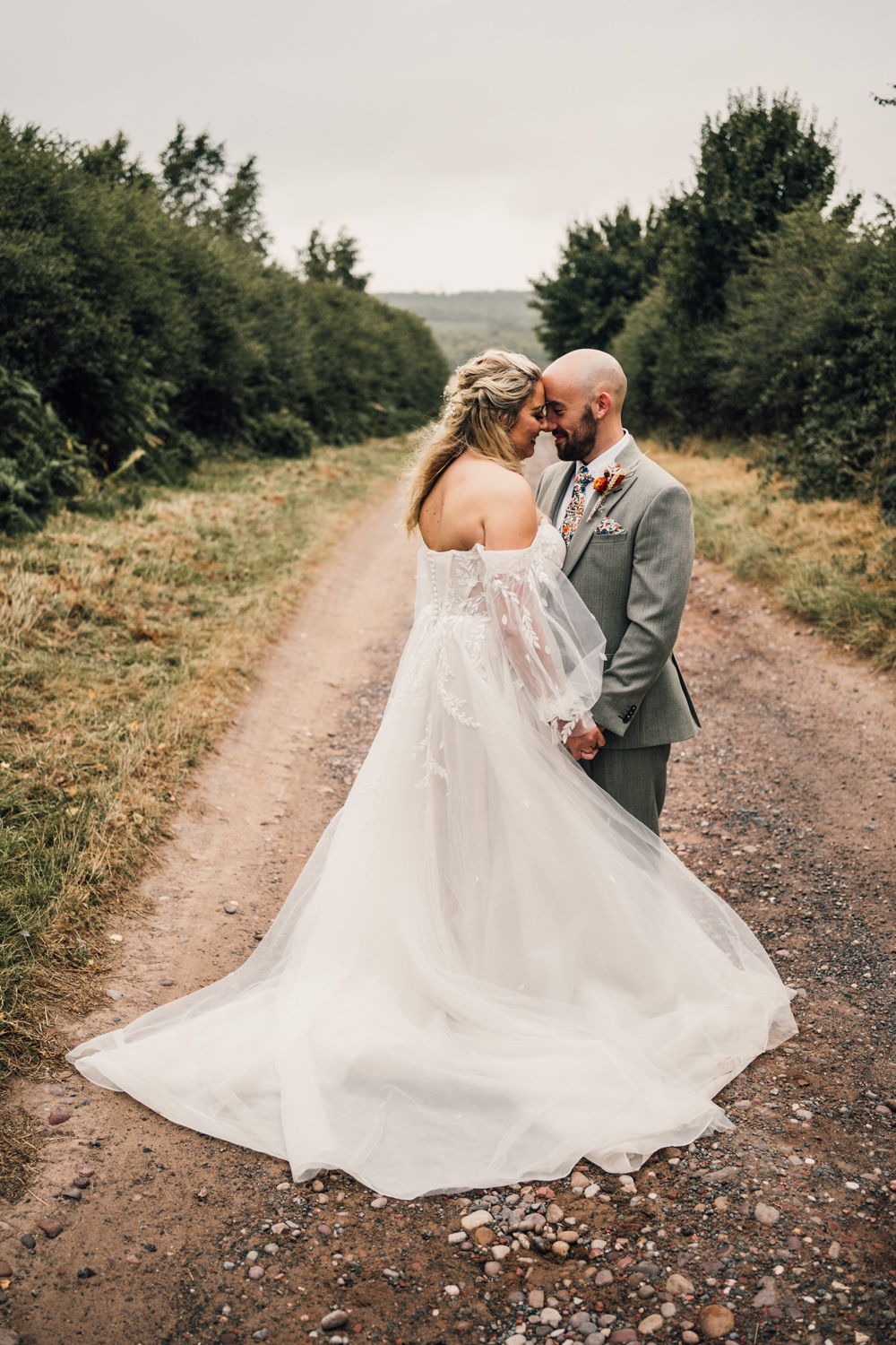 Nottinghamshire Farm Wedding David Lindsley Photography Off Shoulder Boho Gown Bride Train