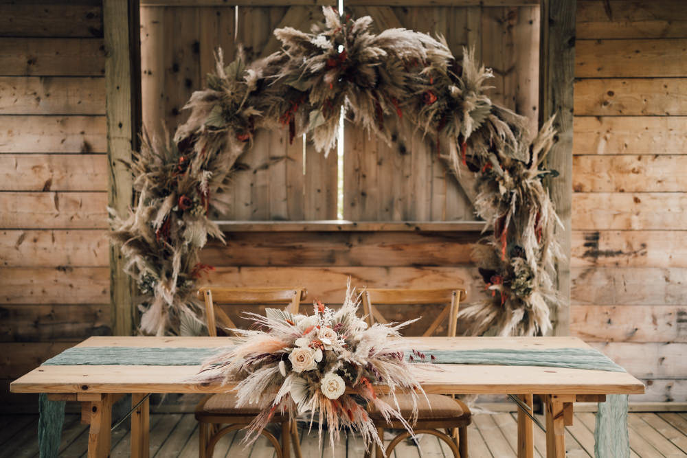 Nottinghamshire Farm Wedding David Lindsley Photography Barn Ceremony Dried Flower Arch Table Aisle