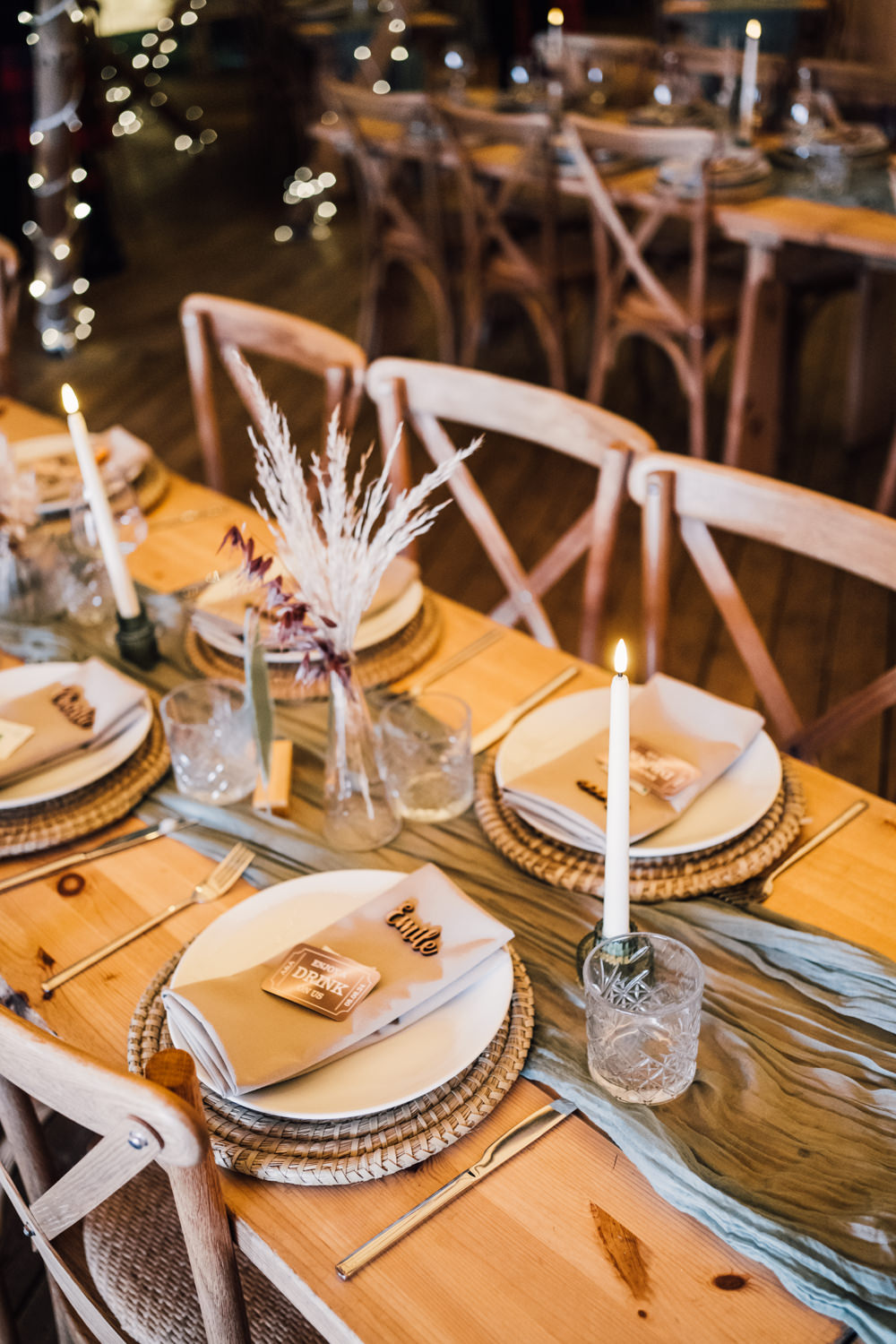 Nottinghamshire Farm Wedding David Lindsley Photography Wooden Long Rustic Table Runner Dried Flowers Candles
