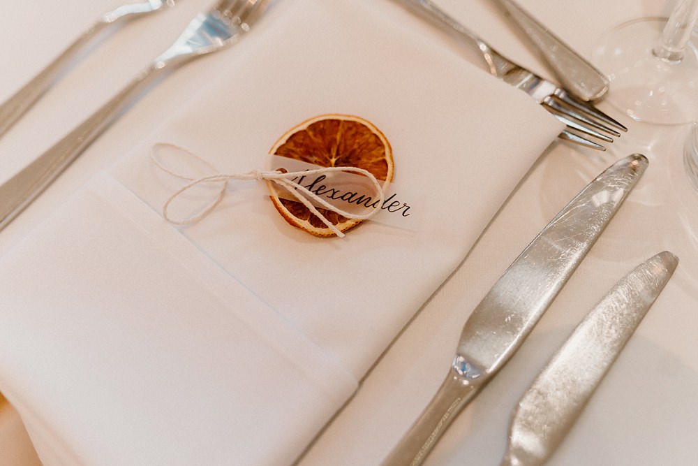 The Matara Centre Wedding Amy Woodham Photography Orange Slice Place Name Vellum Calligraphy Twine