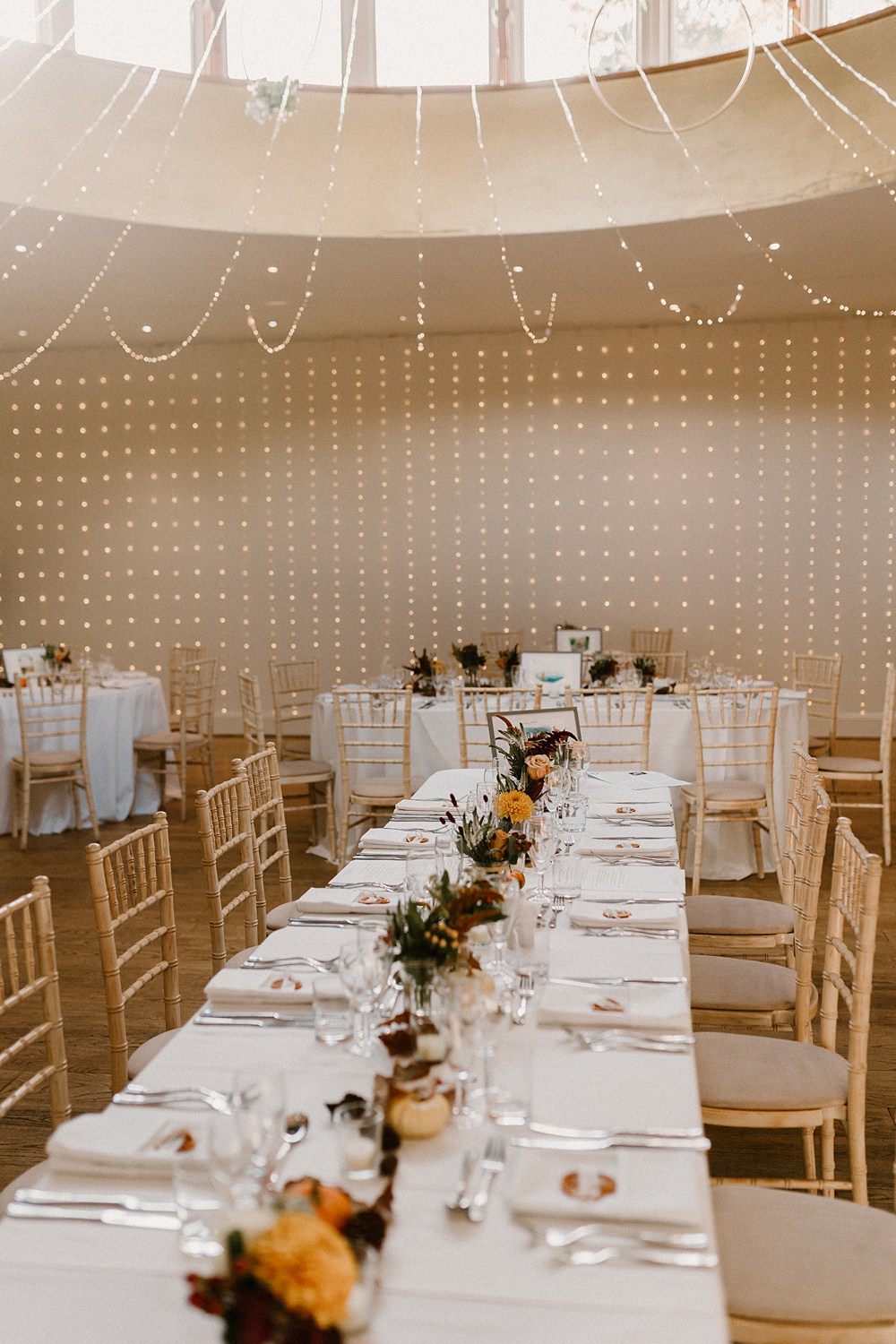 The Matara Centre Wedding Amy Woodham Photography Fairy Light Canopy Long Tables Autumn Flowers