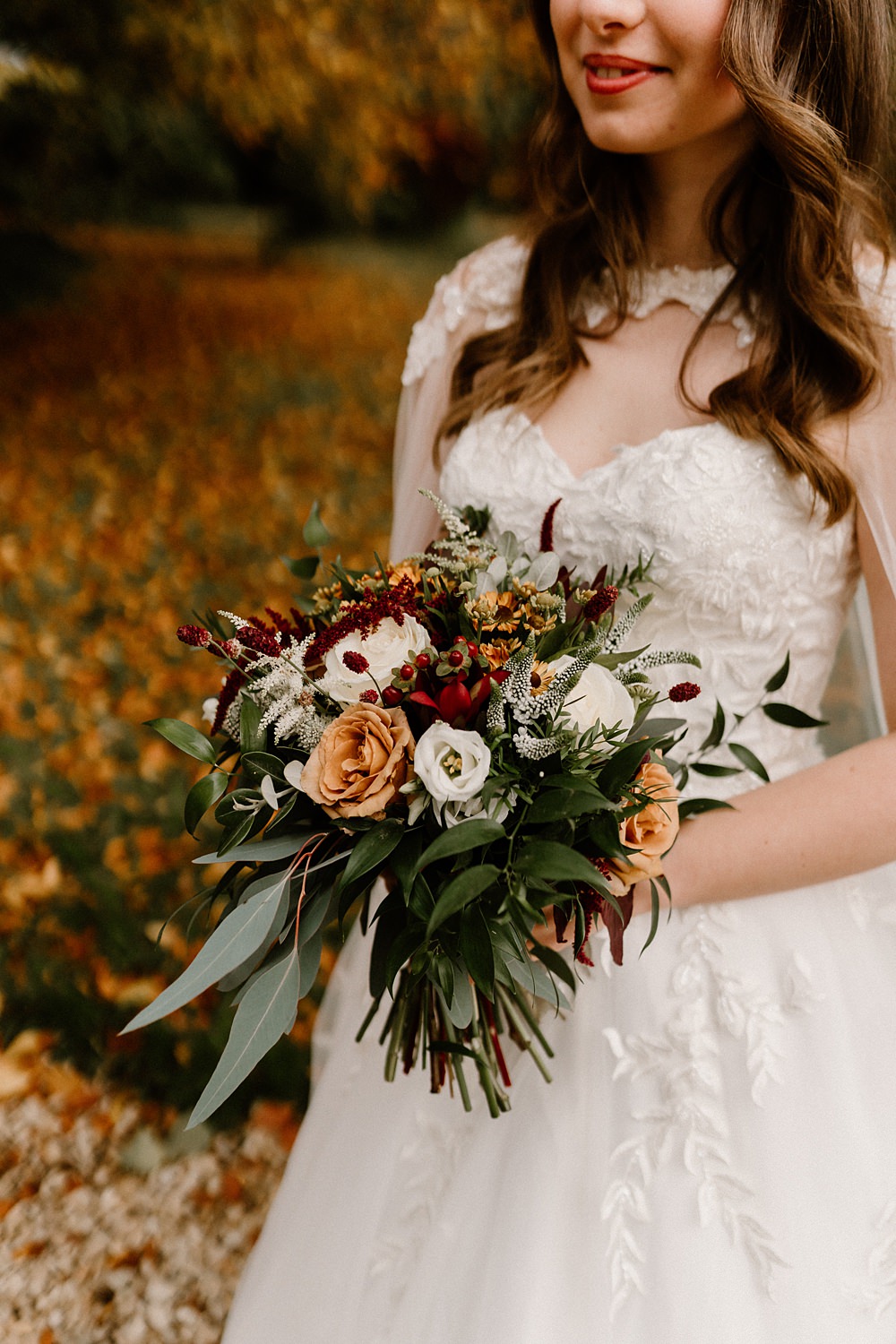 The Matara Centre Wedding Amy Woodham Photography Bride Bouquet Autumn Fall Orange White Red Greenery