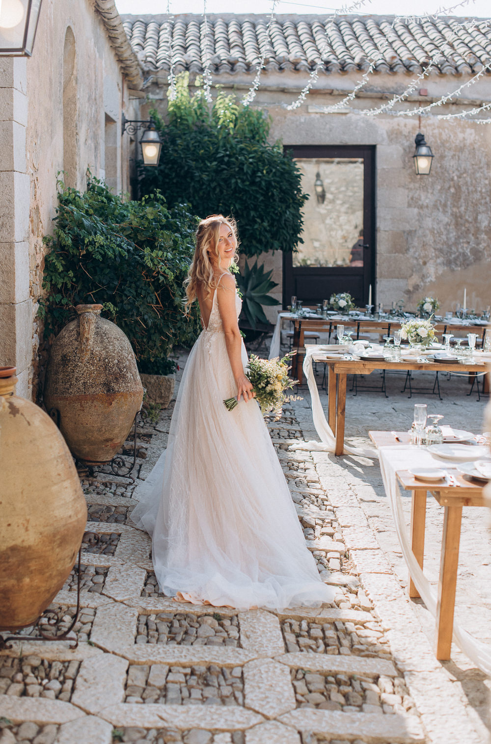 Baglio Strafalcello Wedding Anna Vlasiuk Photography Lace Tulle Gown Straps Train