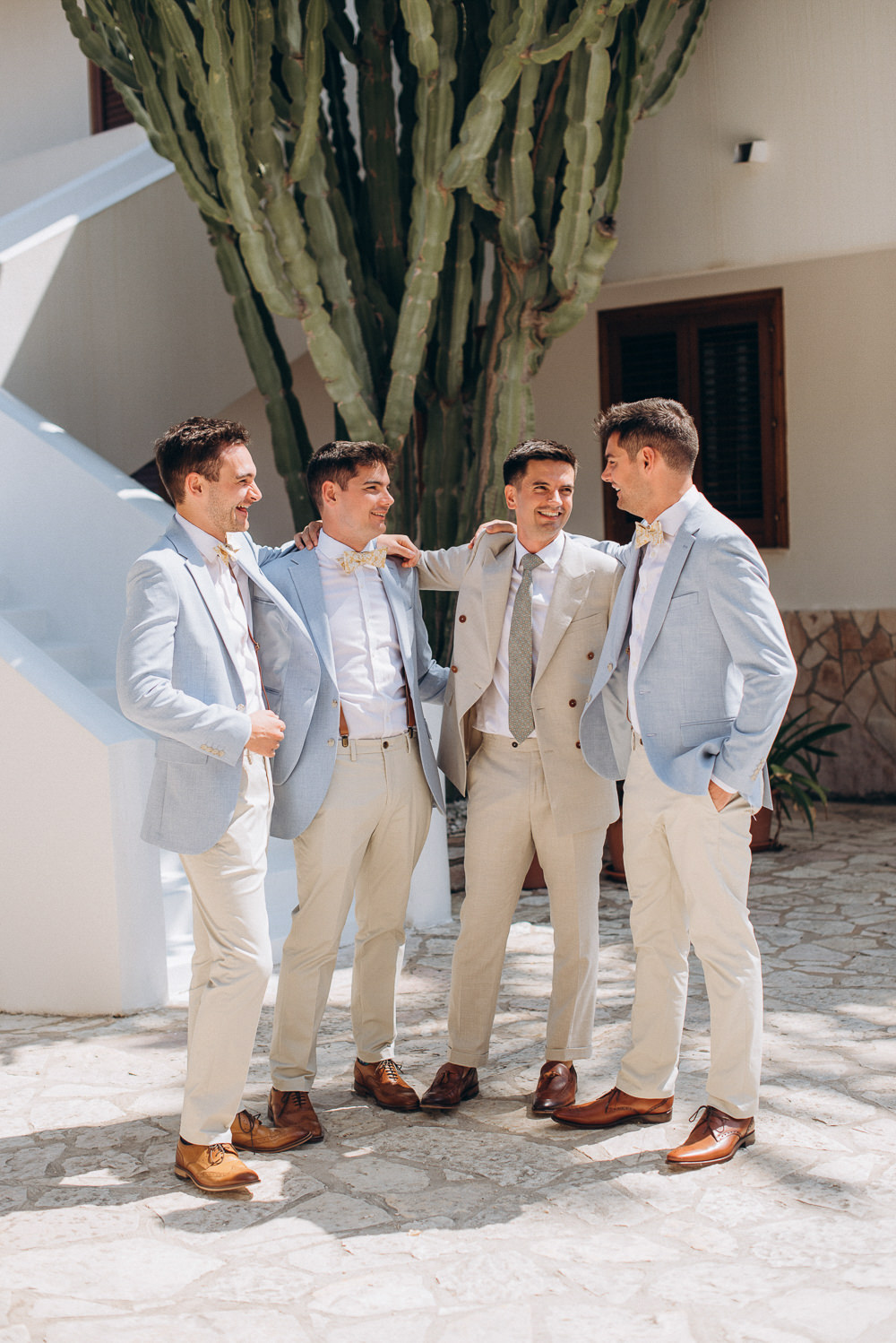 Baglio Strafalcello Wedding Anna Vlasiuk Photography Groom Groomsmen Suits Cream Chinos Blue Jackets Bow Ties