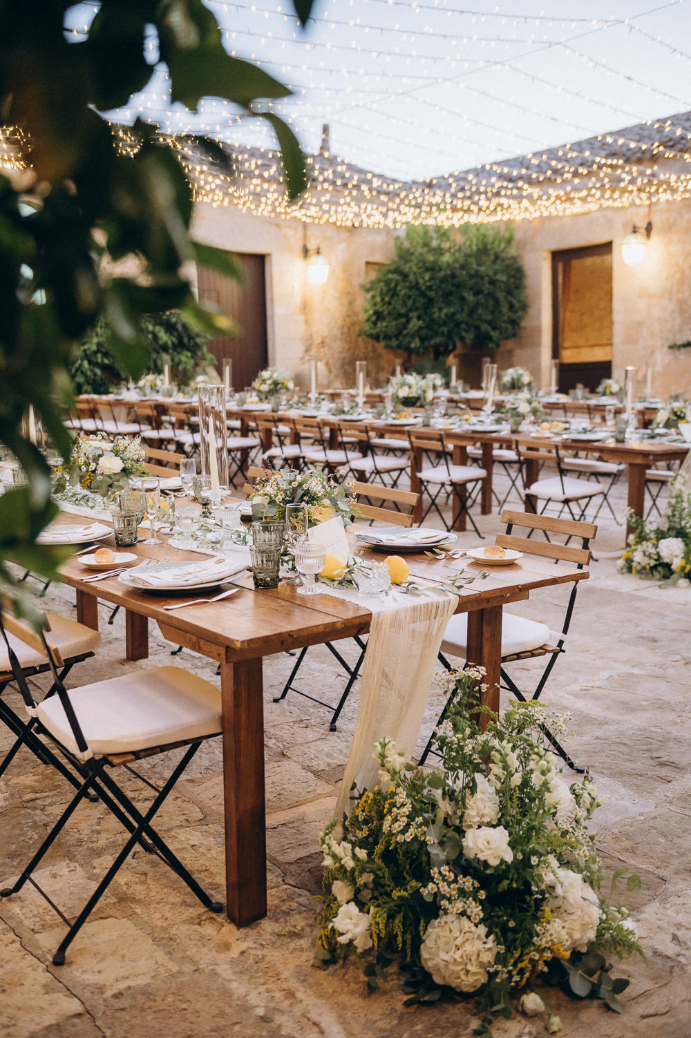 Baglio Strafalcello Wedding Anna Vlasiuk Photography Courtyard Reception Festoon Light Canopy