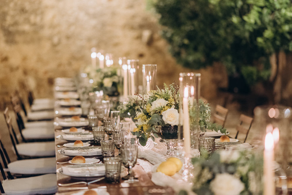 Baglio Strafalcello Wedding Anna Vlasiuk Photography Table Flowers Yellow Lemons White Runner Decor Centrepiece Candles