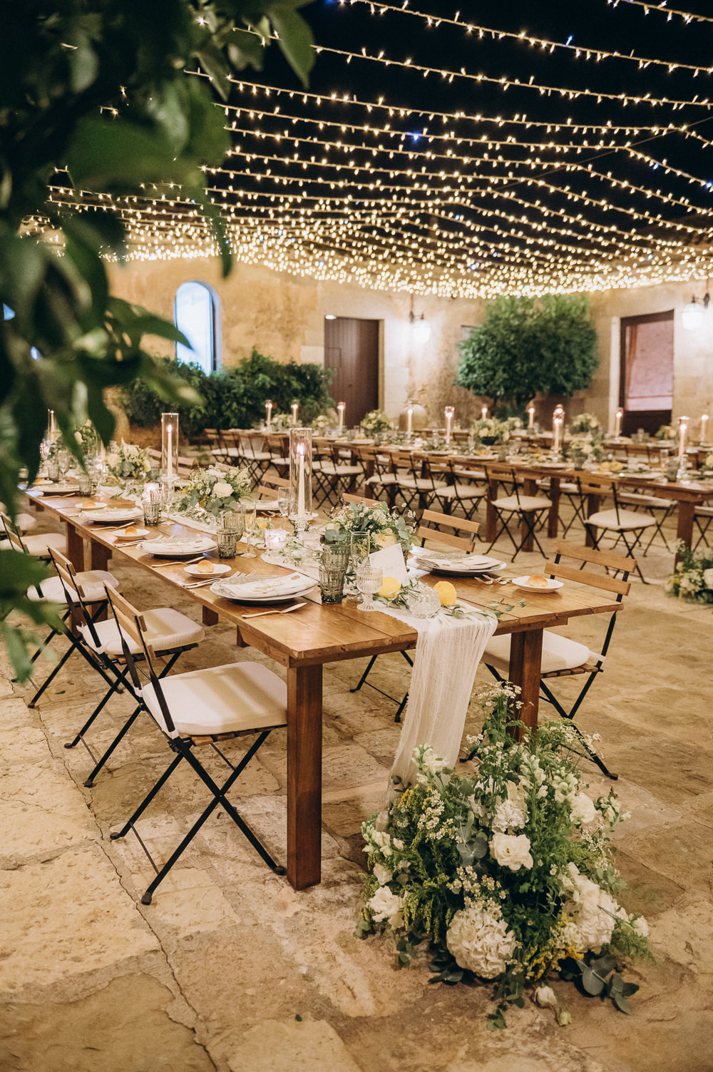 Baglio Strafalcello Wedding Anna Vlasiuk Photography Courtyard Reception Festoon Light Canopy