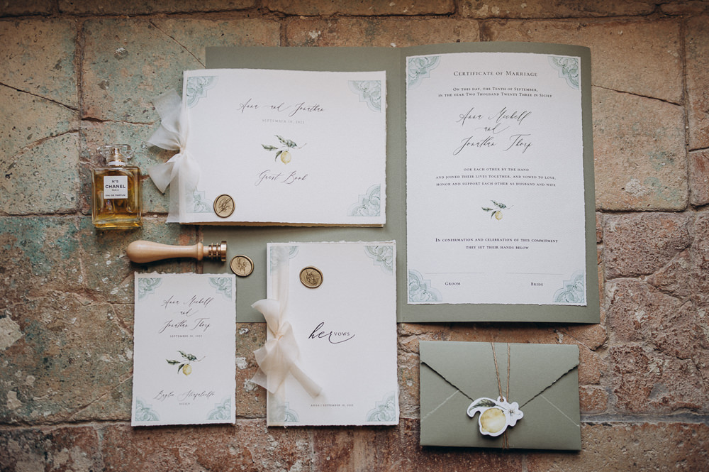 Baglio Strafalcello Wedding Anna Vlasiuk Photography Sage Green Lemon Stationery Wax Seal Invite