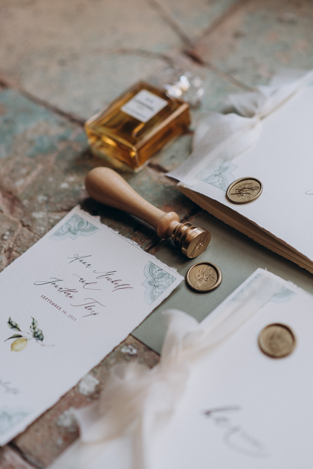 Baglio Strafalcello Wedding Anna Vlasiuk Photography Sage Green Lemon Stationery Wax Seal Invite