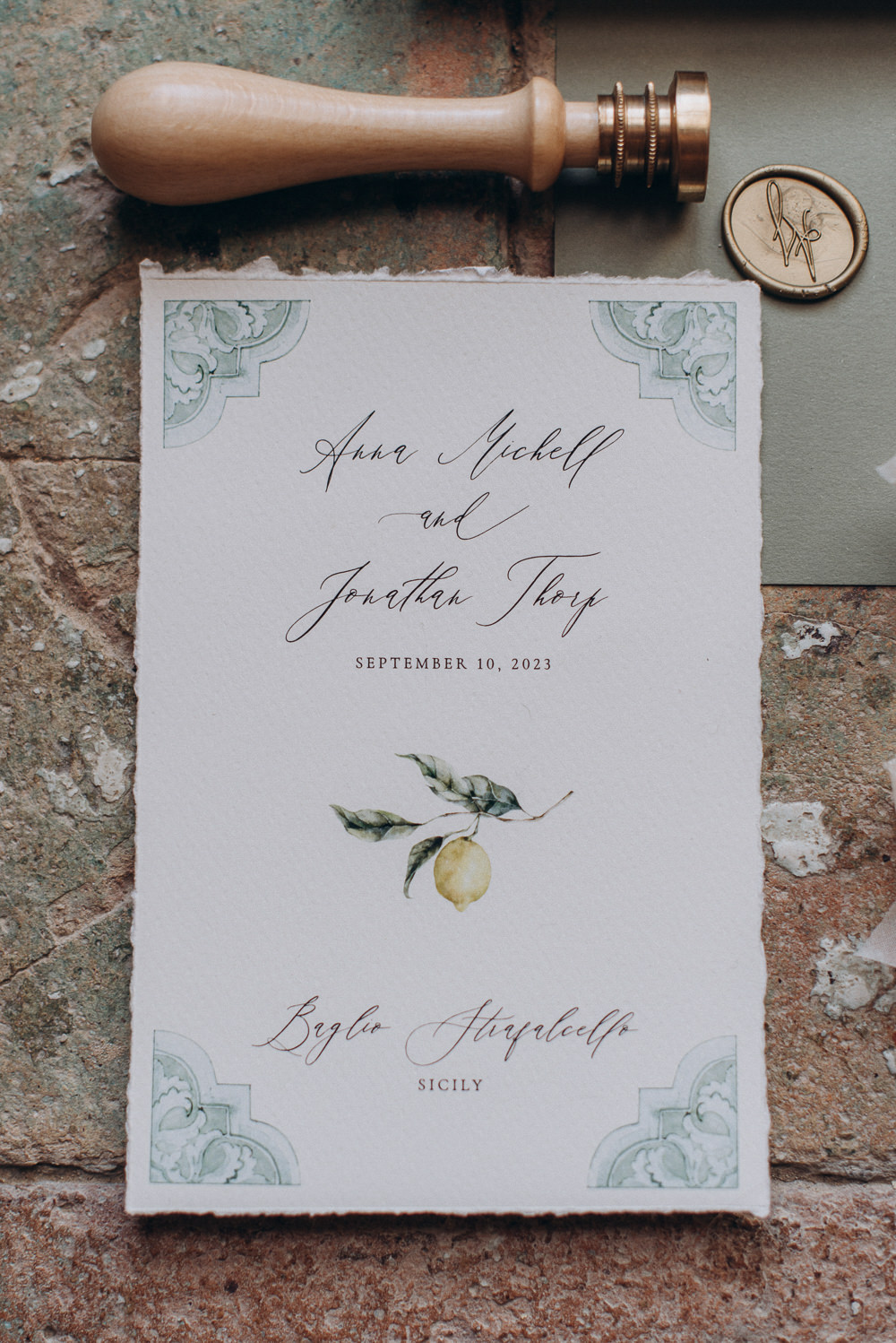 Baglio Strafalcello Wedding Anna Vlasiuk Photography Sage Green Lemon Stationery Wax Seal Invite