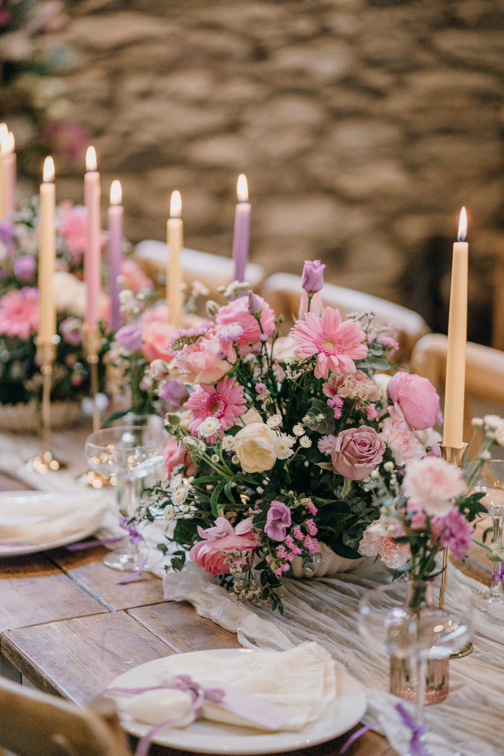Lancrigg Wedding Olivia Weldon Photography Pink Table Centrepiece Flowers Candles