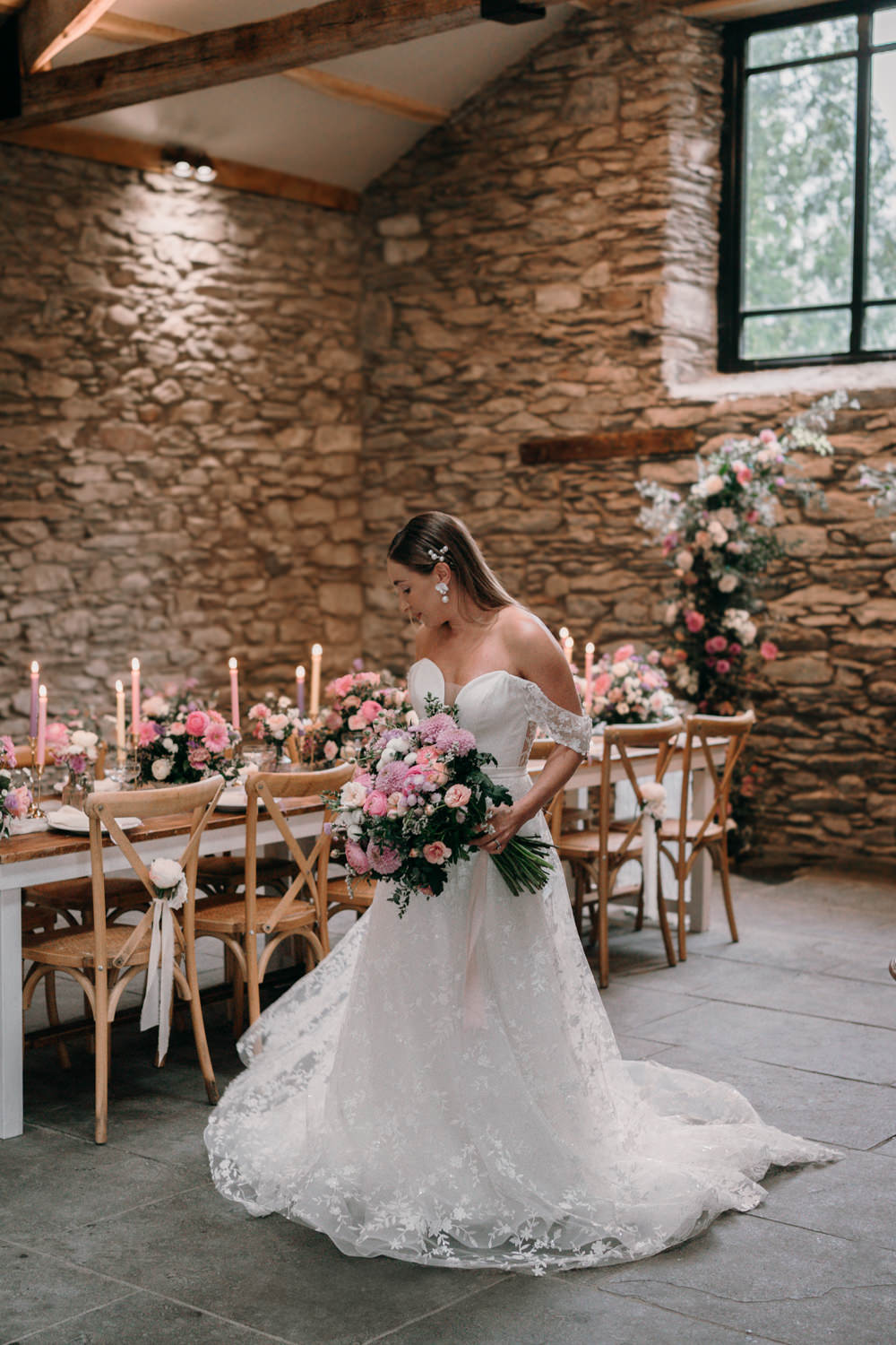 Lancrigg Wedding Olivia Weldon Photography Lace Off Shoulder Gown Train
