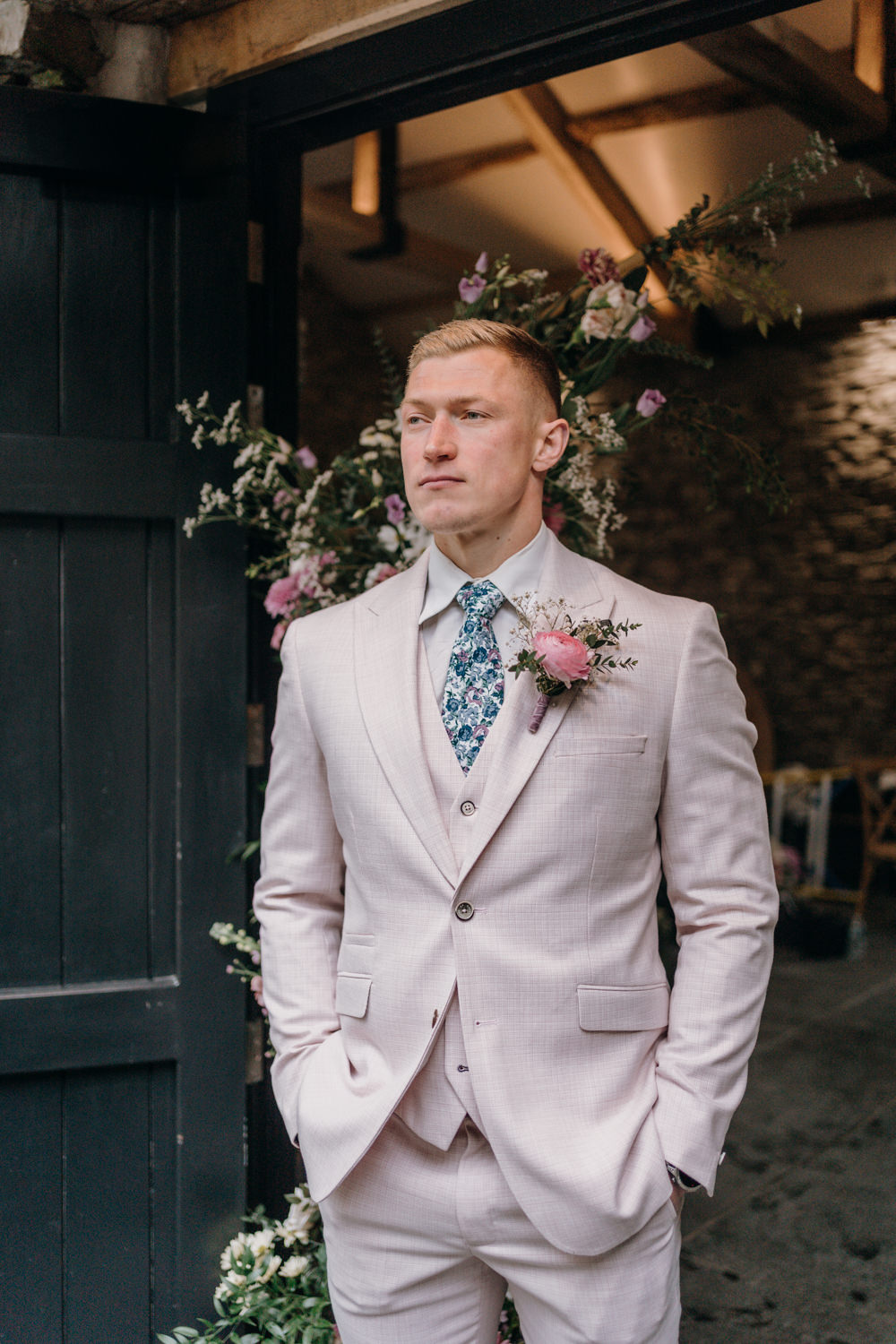 Lancrigg Wedding Olivia Weldon Photography Groom Grey Suit Floral Tie