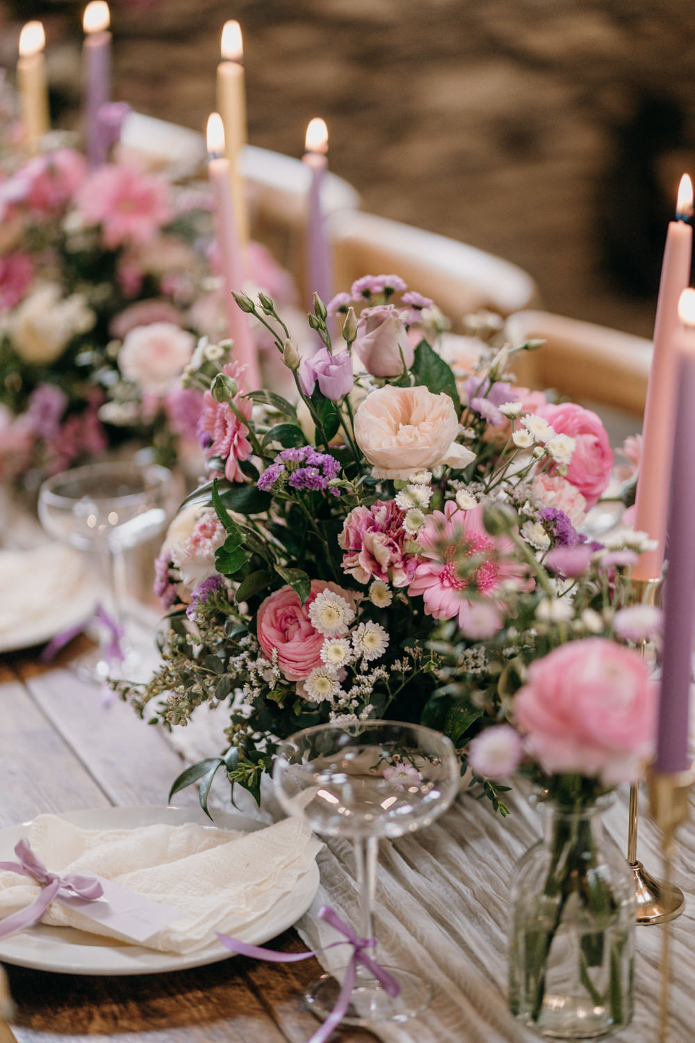 Lancrigg Wedding Olivia Weldon Photography Pink Table Centrepiece Flowers Candles