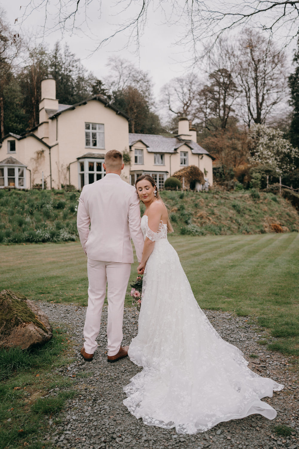 Lancrigg Wedding Olivia Weldon Photography Lace Off Shoulder Gown Train