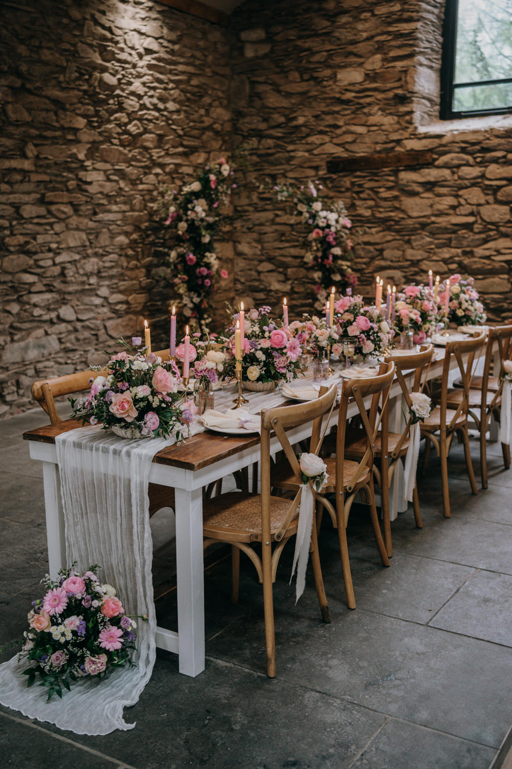 Lancrigg Wedding Olivia Weldon Photography Long Table Decor Pink Centrepiece Flowers Candles