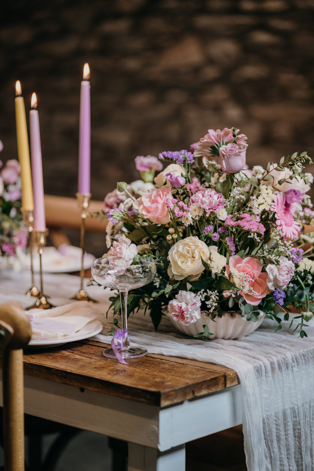 Lancrigg Wedding Olivia Weldon Photography Pink Table Centrepiece Flowers Candles