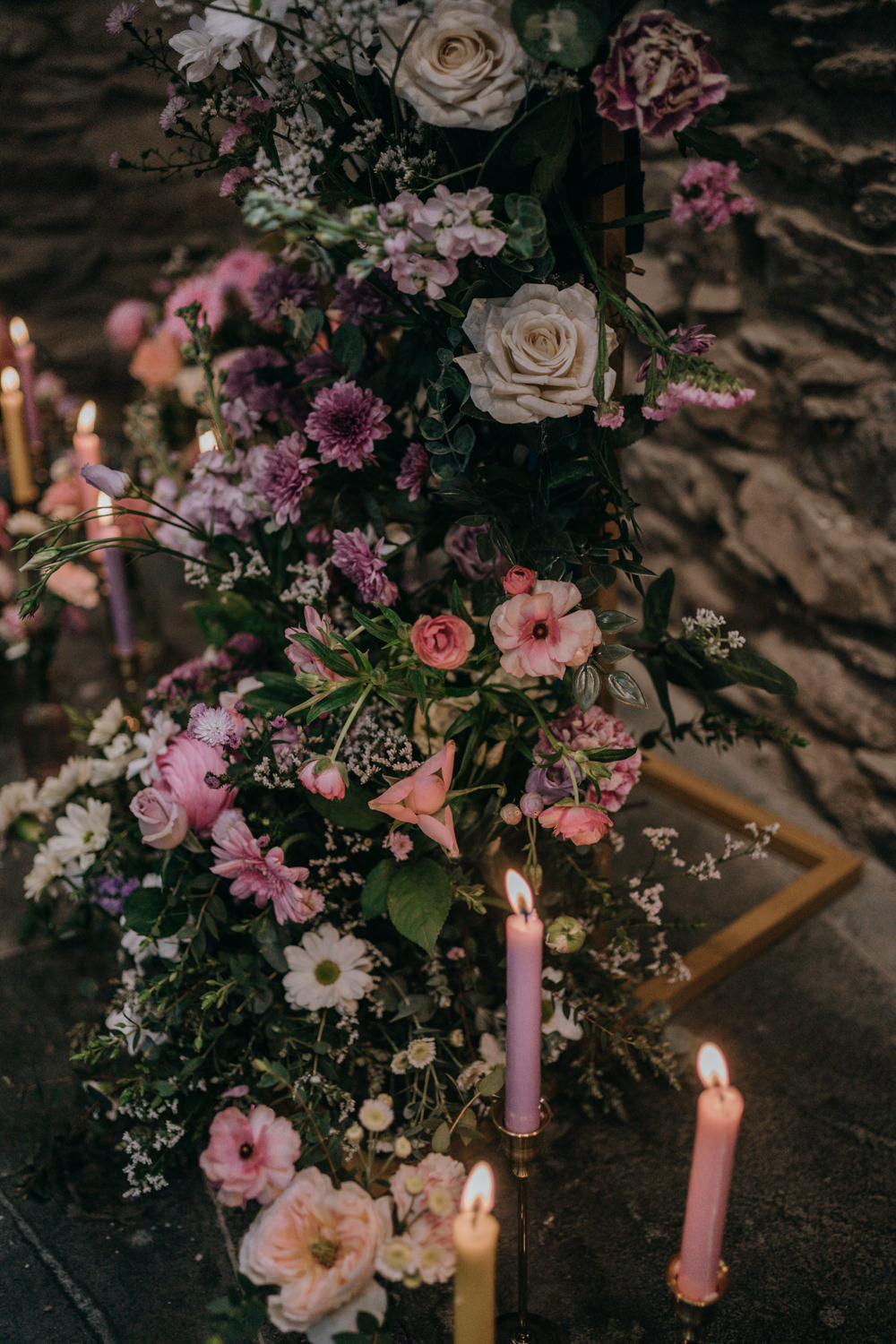 Lancrigg Wedding Olivia Weldon Photography Floral Pillars Pink Lilac Cream Candles