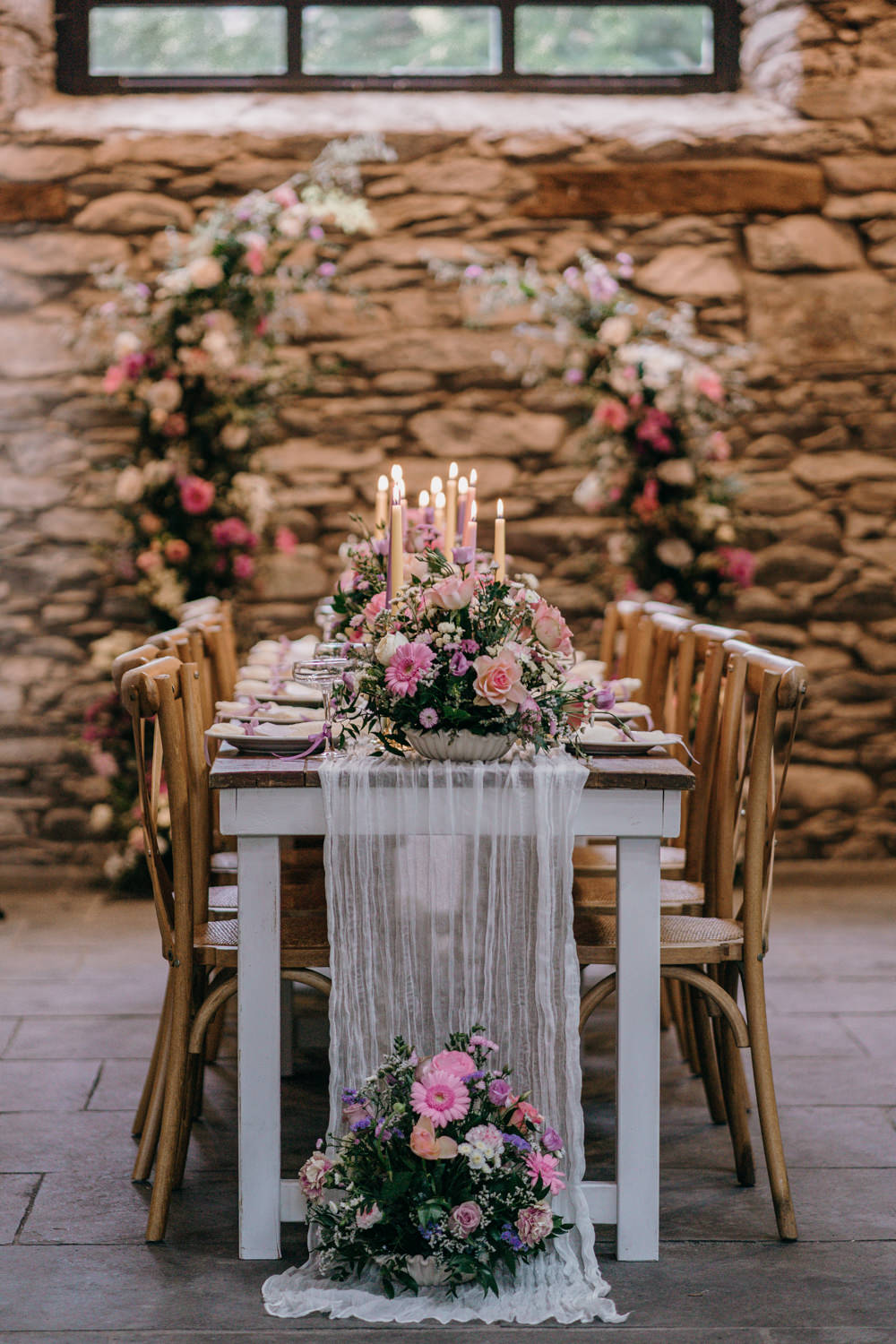 Lancrigg Wedding Olivia Weldon Photography Long Table Decor Pink Centrepiece Flowers Candles